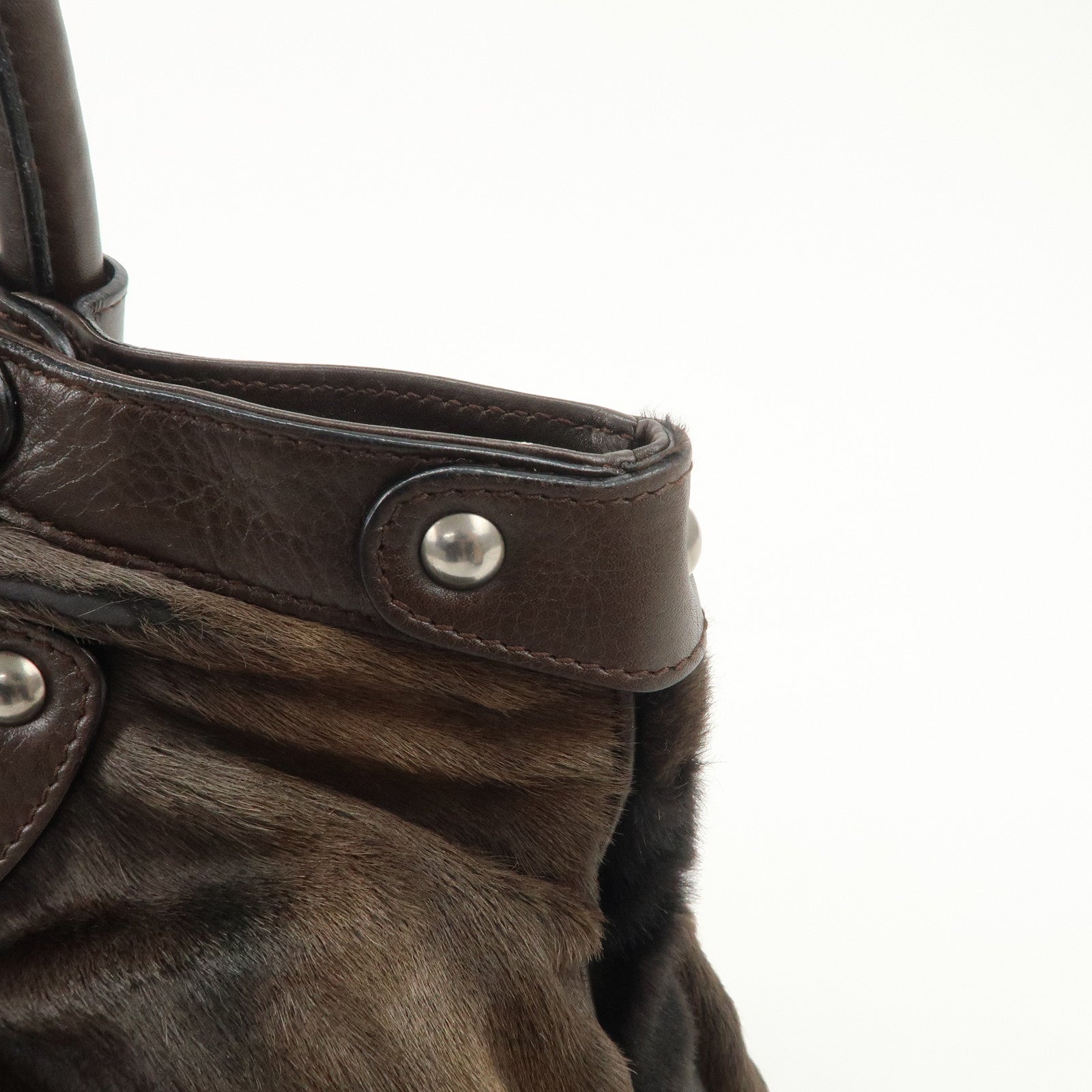 Ferragamo Gancini Unborn Calf Leather Hand Bag Dark Brown Used