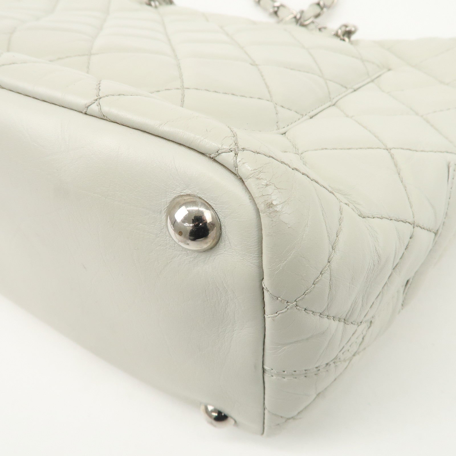 CHANEL Cambon Line Cotton Club Lamb Skin Shoulder Bag Hand Bag White A34318 Used