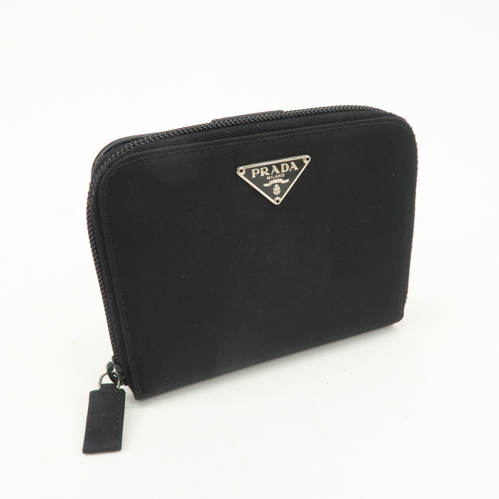 PRADA Tessuto Nylon Bi-fold Round Zippy Compact Wallet Black M605