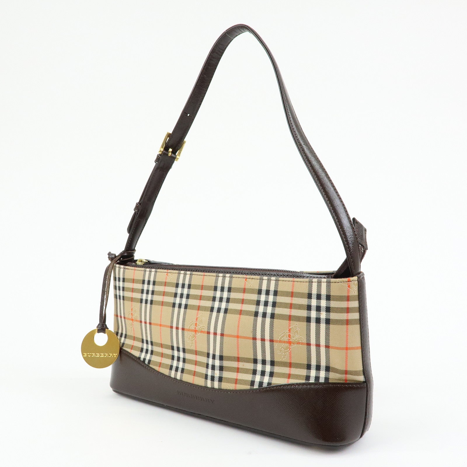 BURBERRY Nova Plaid Canvas Leather Shoulder Bag Beige Brown