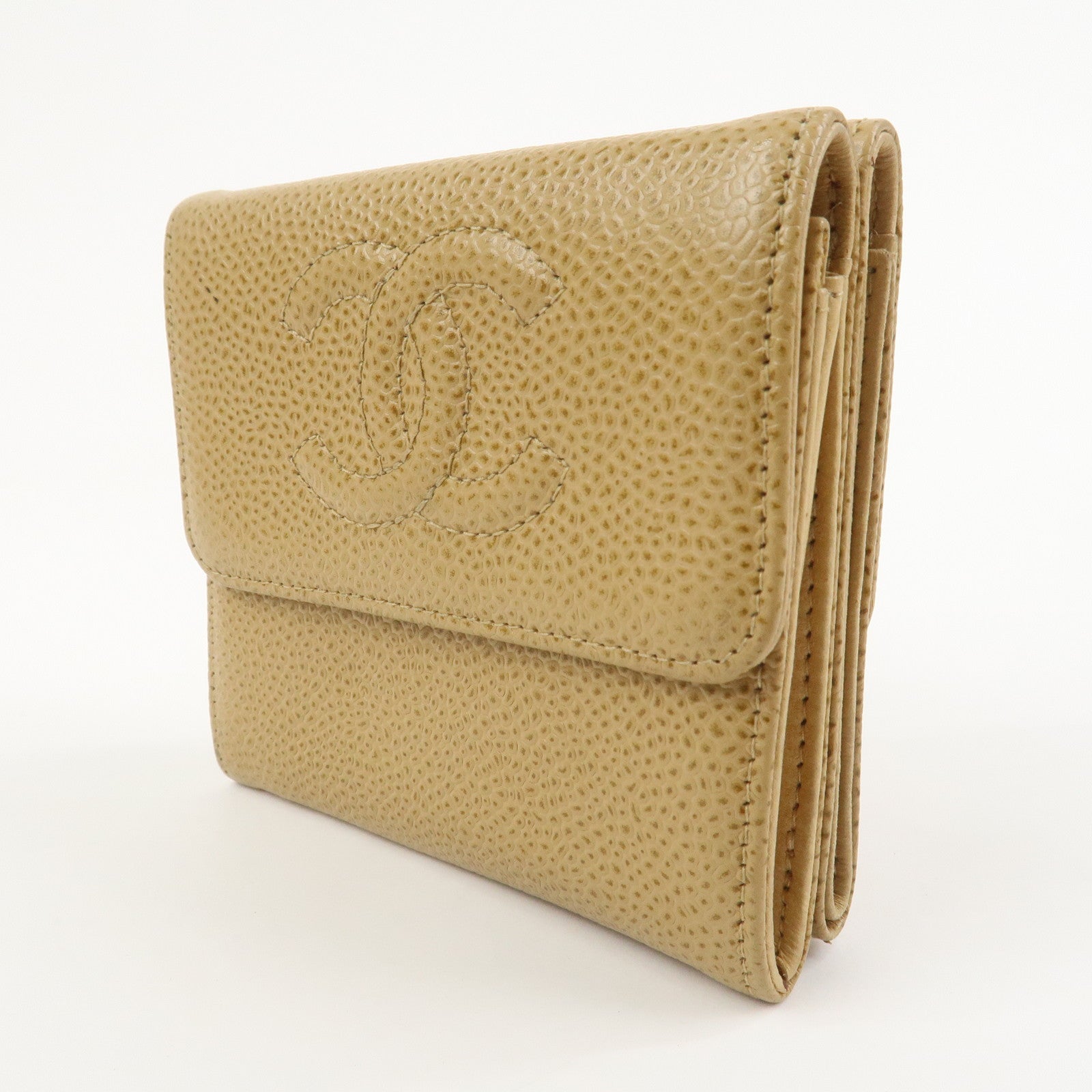 CHANEL COCO Mark Caviarskin Compact Bi-fold Wallet Beige