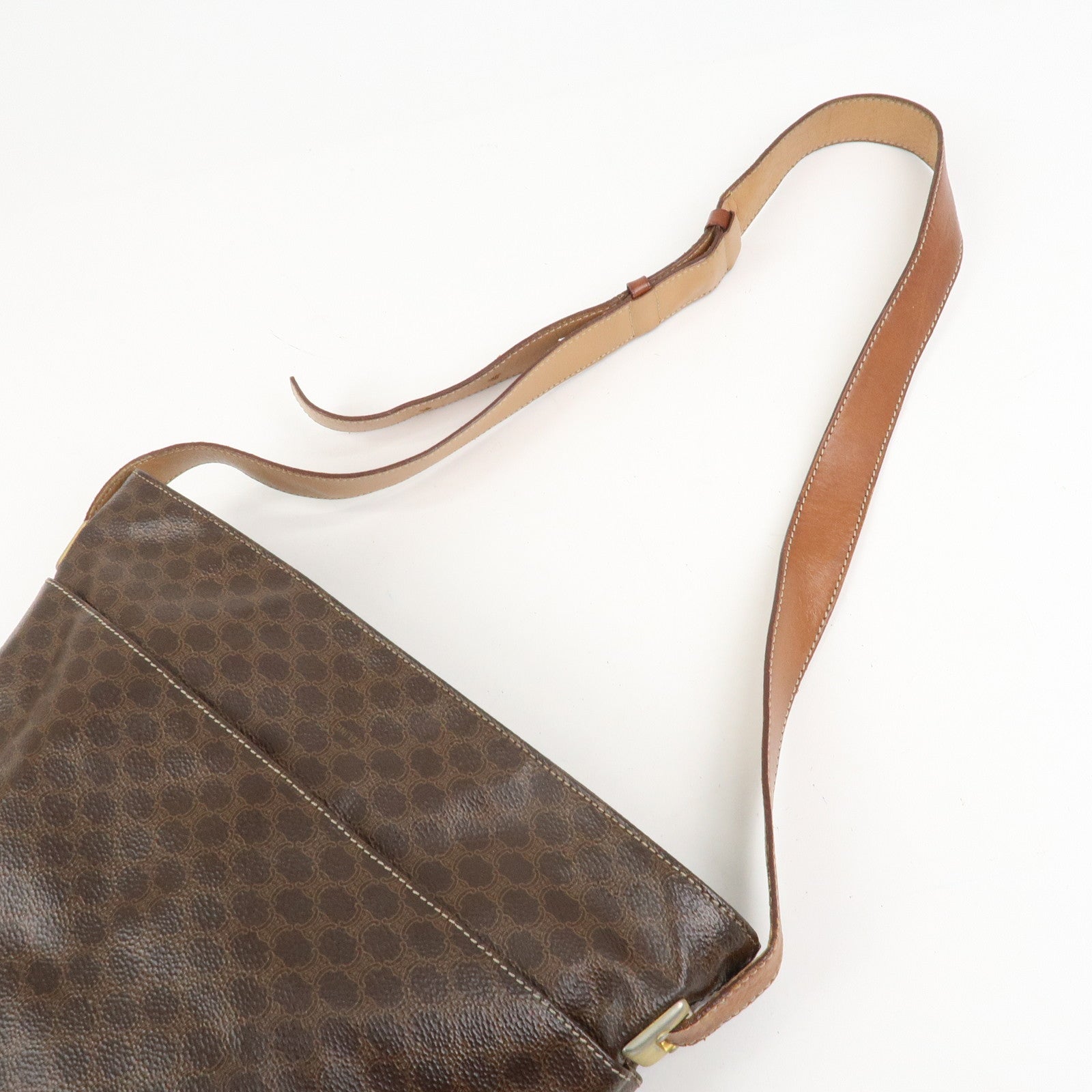 CELINE Macadam PVC Canvas Leather Shoulder Bag Brown Gold Hardware