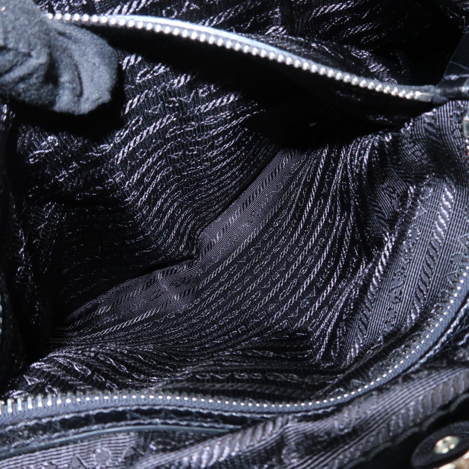 PRADA Triangle Logo Nylon Embossed Leather Hand Bag Black