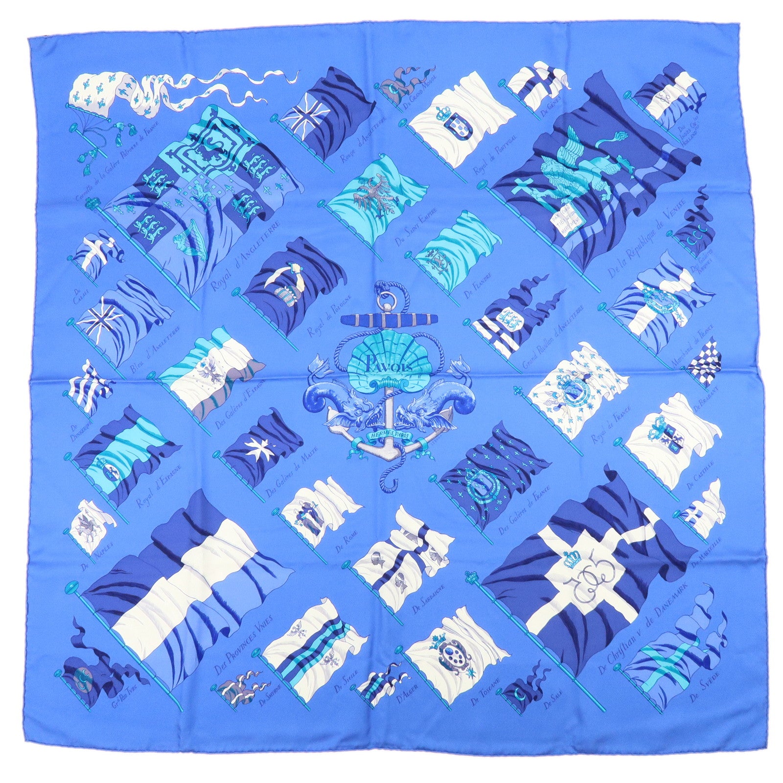 HERMES Carre 90 Silk 100% PAVOIS Scarf Blue