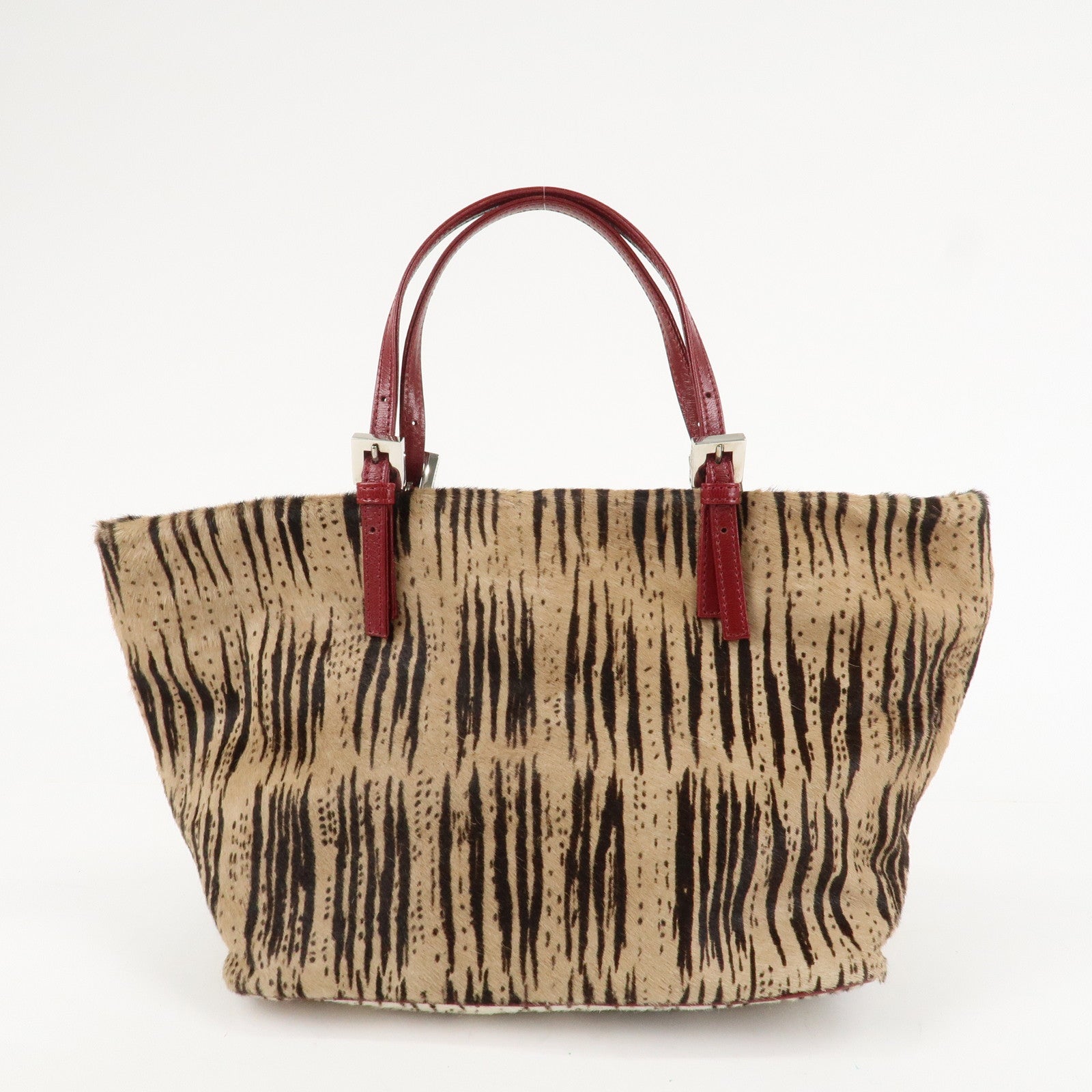 FENDI Leather Unborn Calf Tote Bag Hand Bag Zebra Brown Red Used