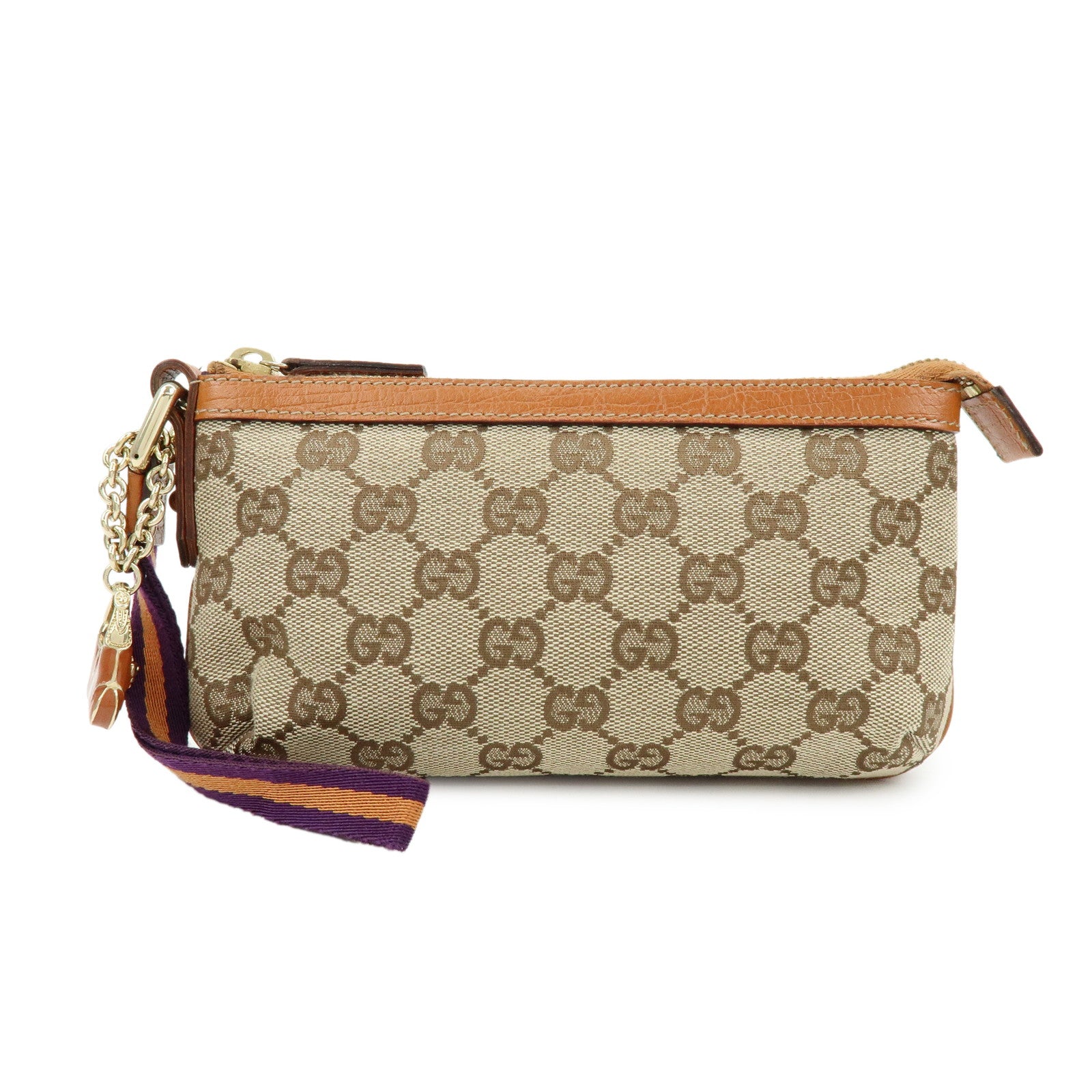 GUCCI Sherry GG Canvas Leather Cosmetic Pouch Beige Camel 152507