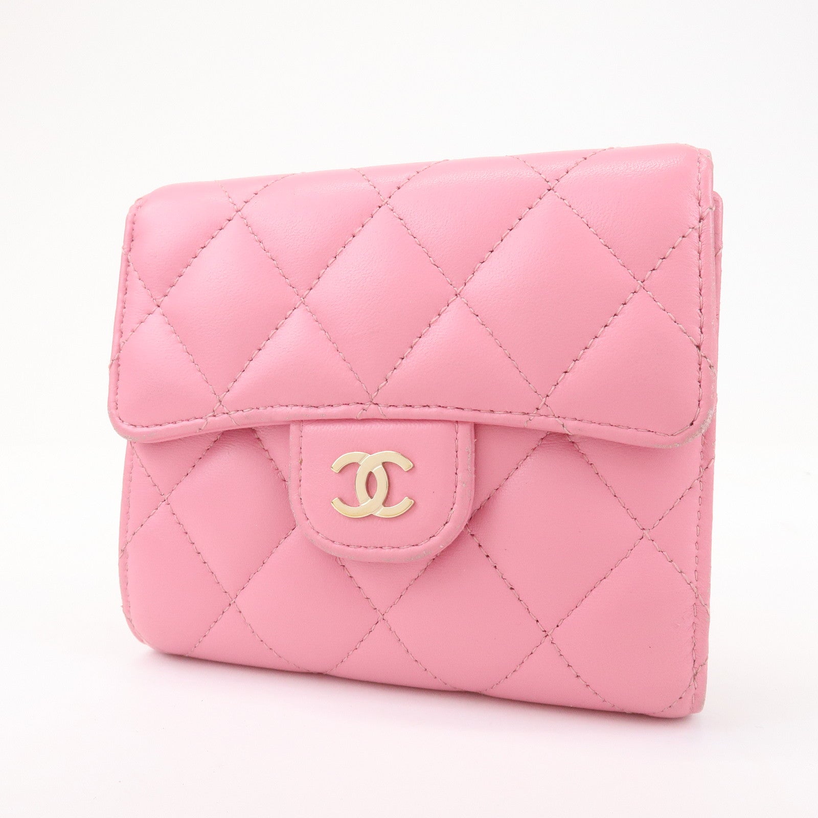 CHANEL Matelasse Lamb Skin Small Tri-Fold Wallet Pink AP0231