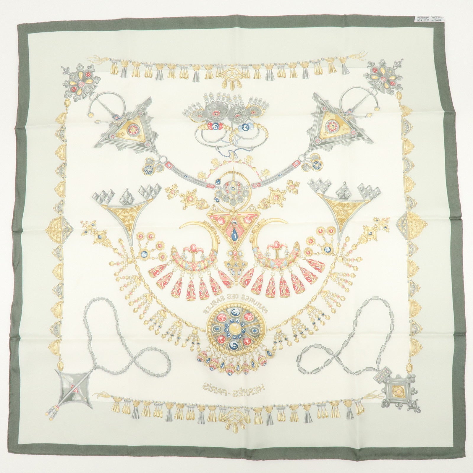 HERMES Carre 90 Silk 100% PARURES DES SABLES White Gray