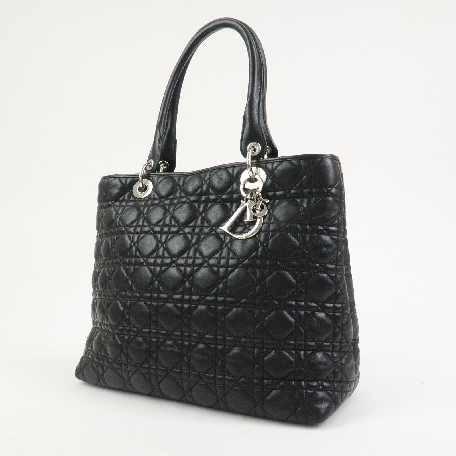 Christian Dior Lady Dior Cannage Leather Tote Bag Hand Bag Black
