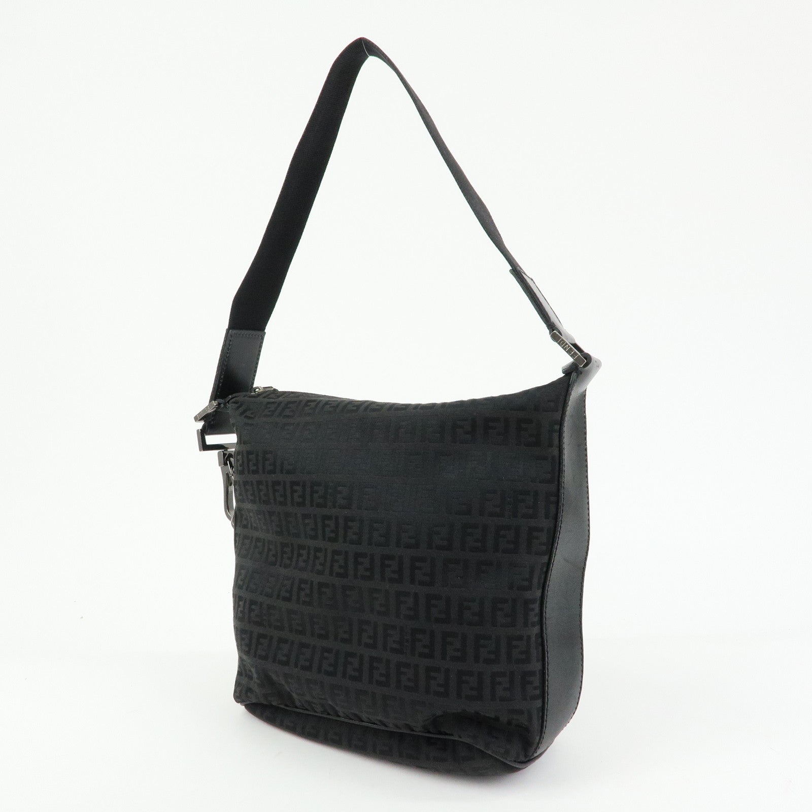 FENDI Zucchino Canvas Leather Shoulder Bag Black 7VA004
