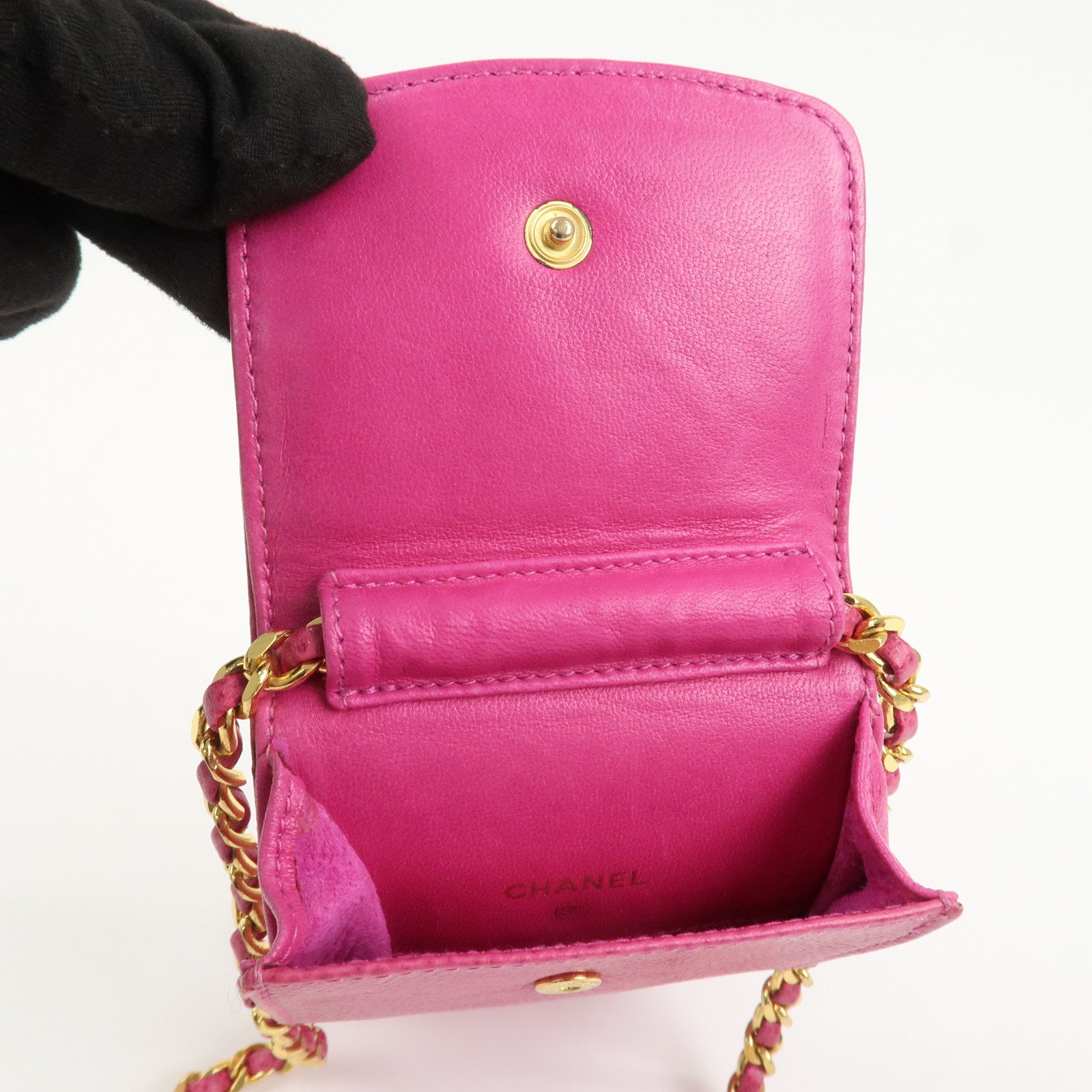 CHANEL COCO Mark Caviarskin Leather Chain Cell Phone Case Pink