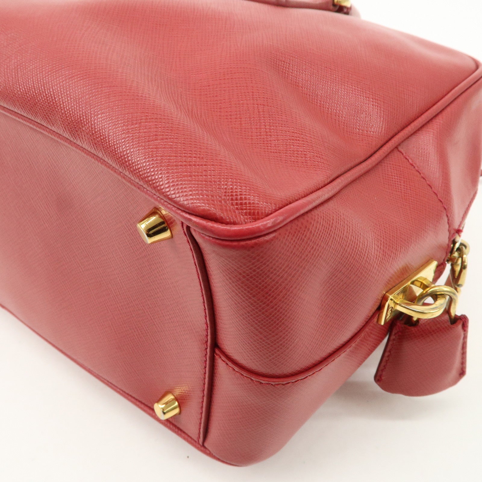 PRADA Triangle Logo Saffiano Leather Boston Bag Hand Bag Red BL0095 Used