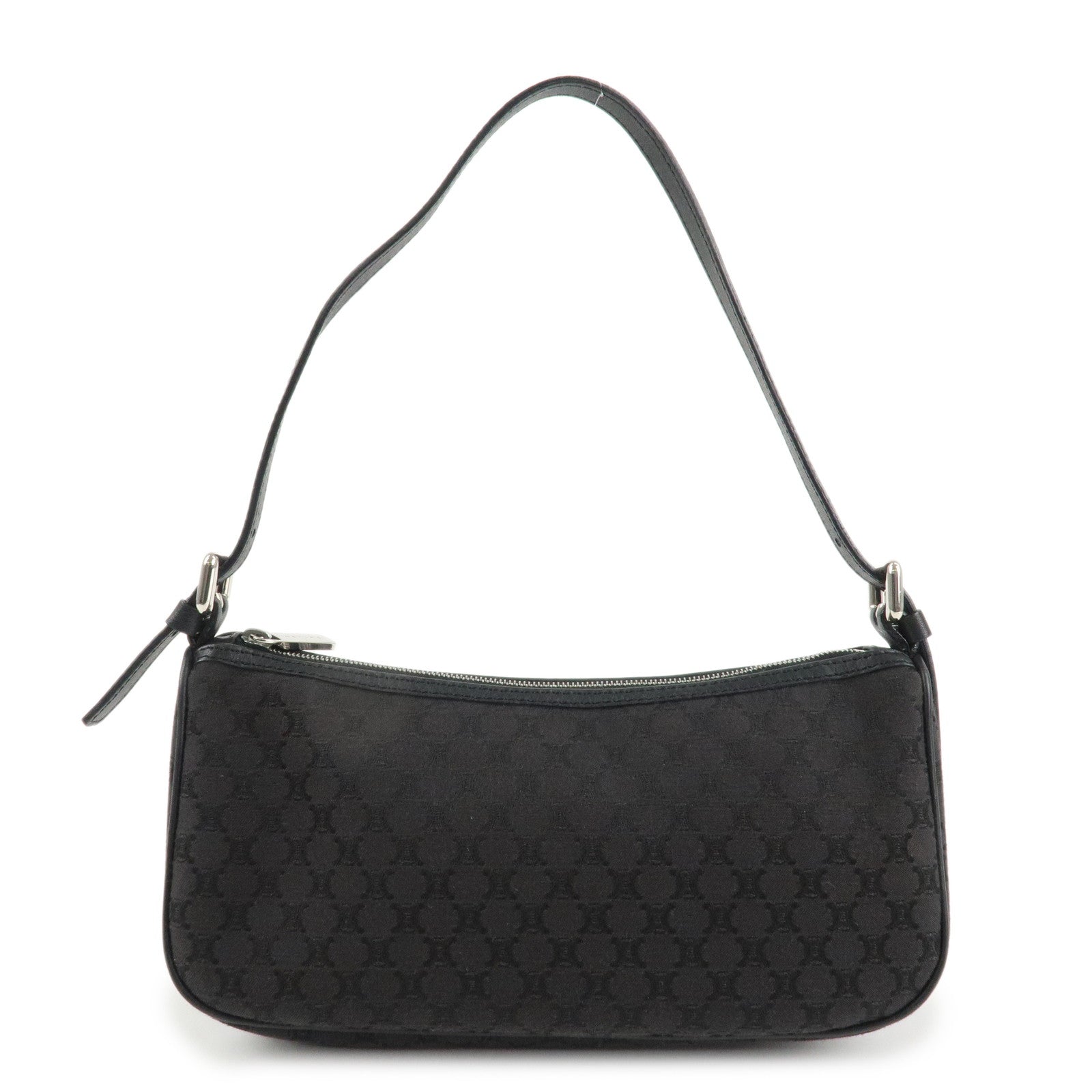 CELINE Macadam Canvas Leather Accessory Pouch Silver HDW Black Used