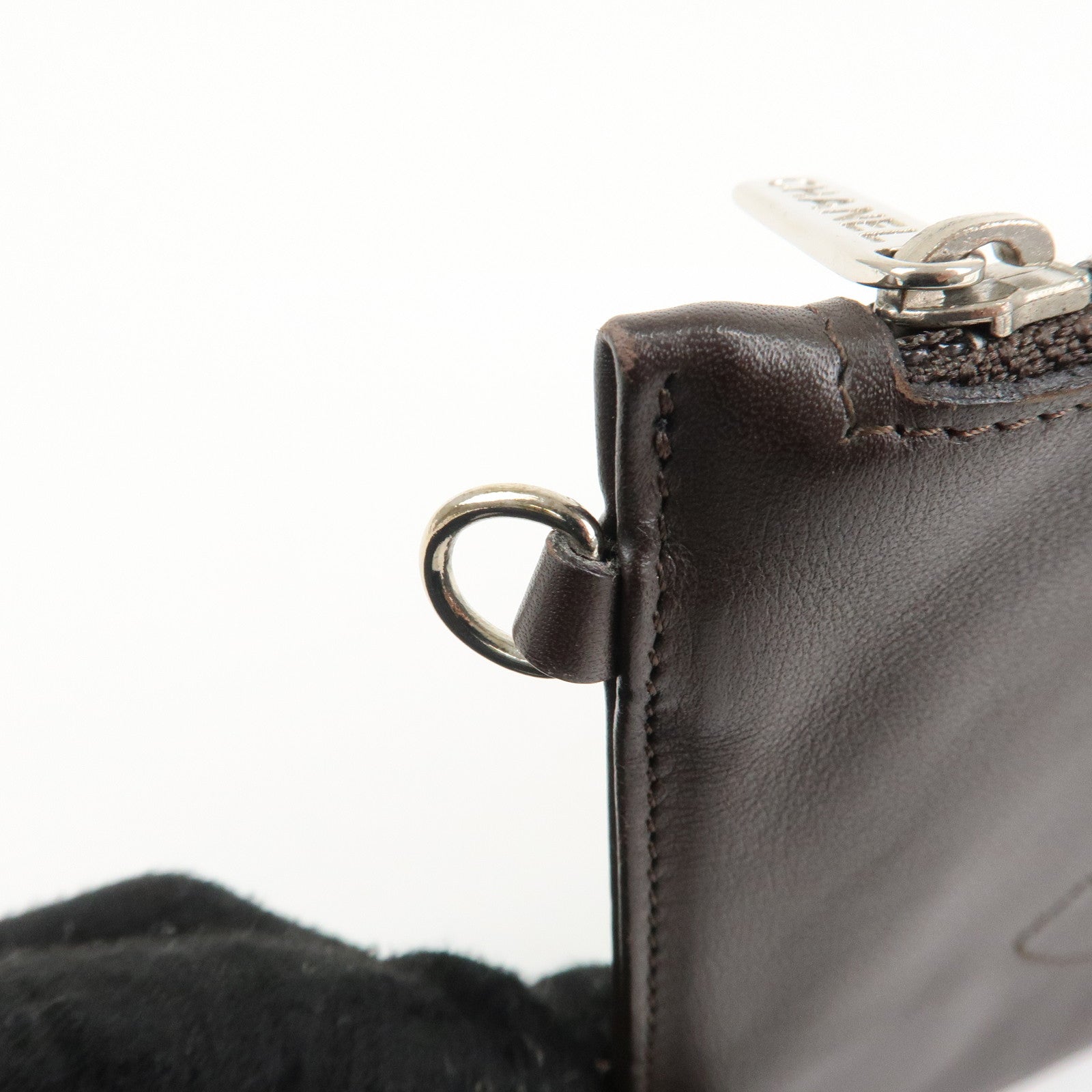 CHANEL Lamb Skin COCO Mark Pouch Silver Hardware Brown A25183 Used