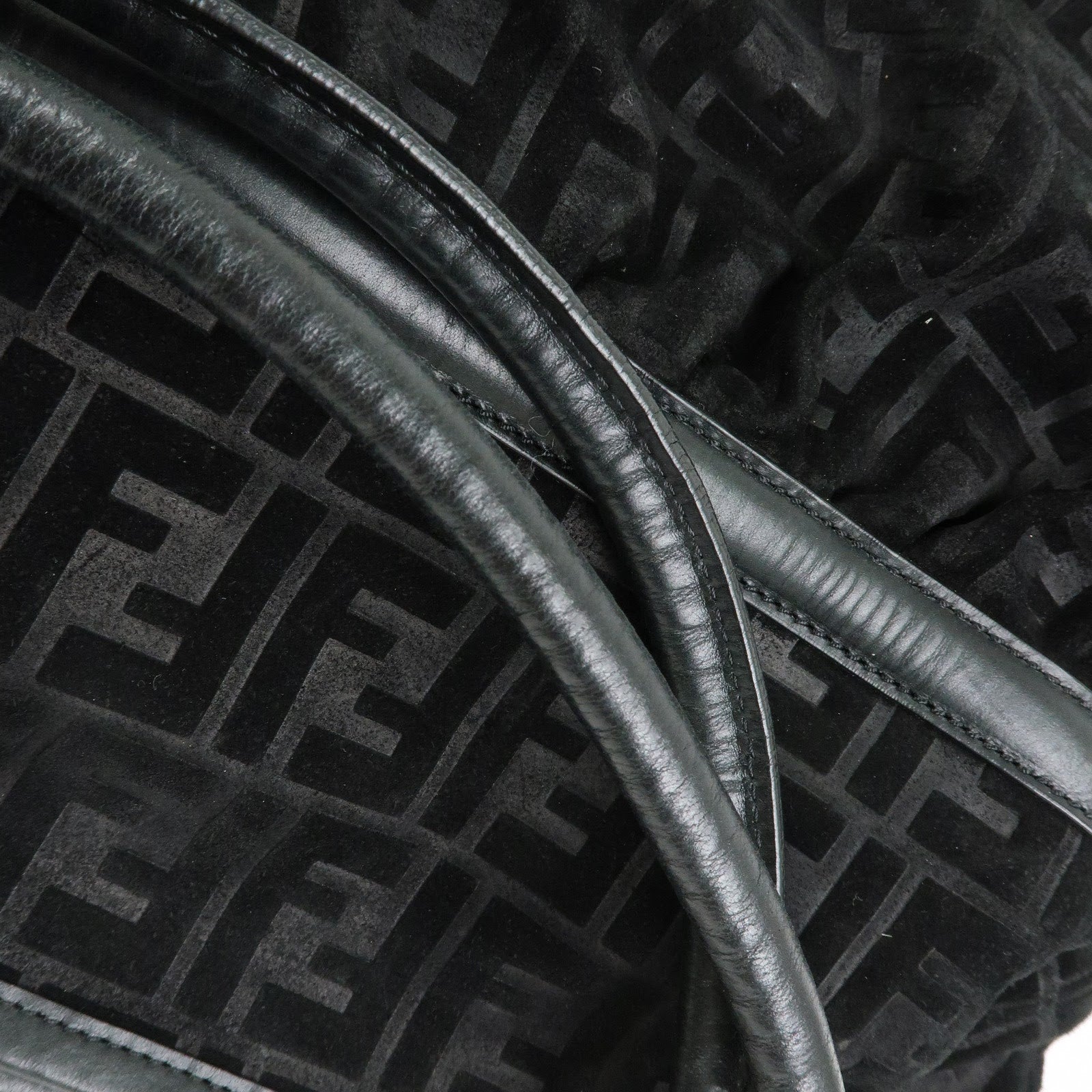 FENDI Zucca Suede Leather Gathered Shoulder Bag Black 8BH186