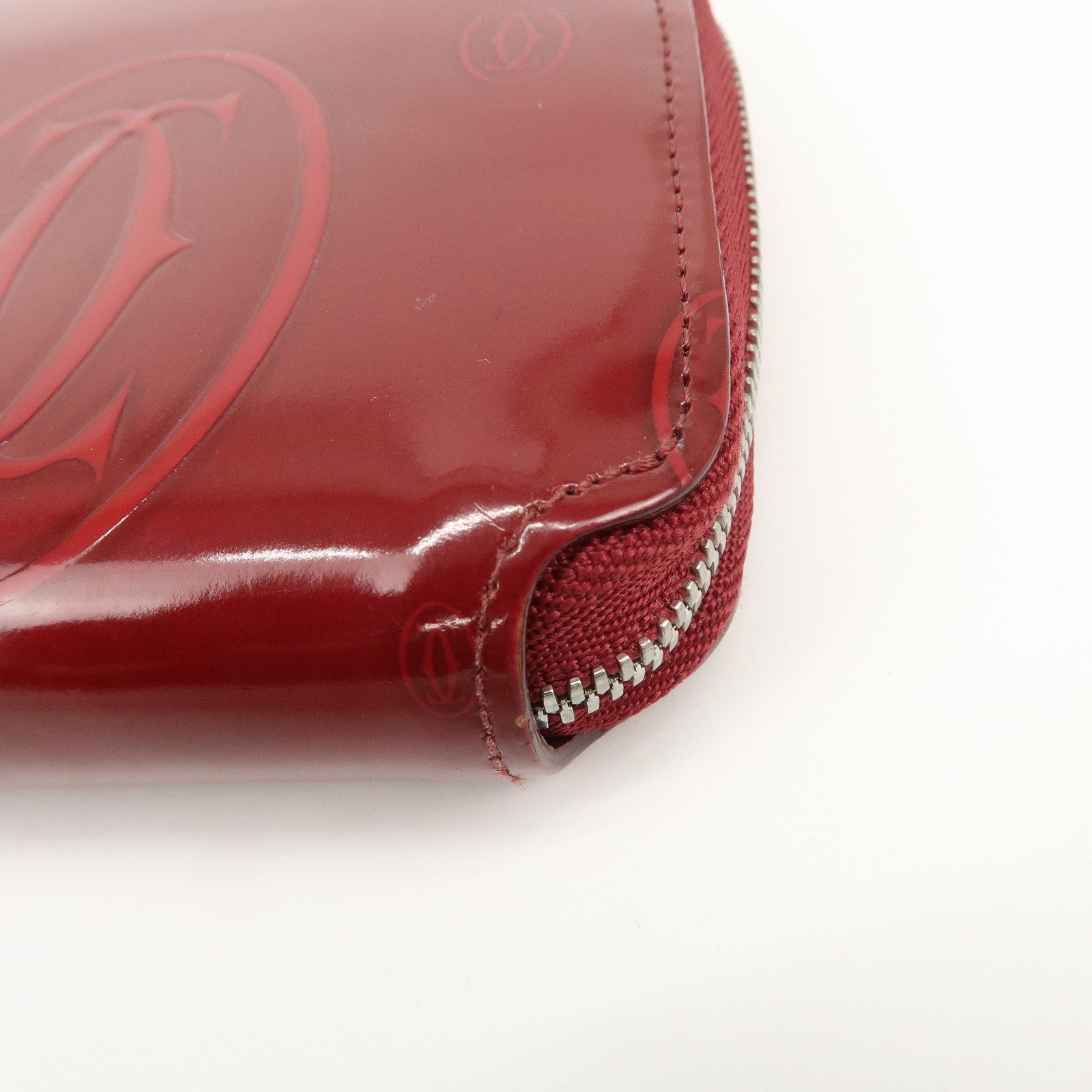 Cartier 2C Patent Leather Round Zippy Long Wallet Bordeaux Used