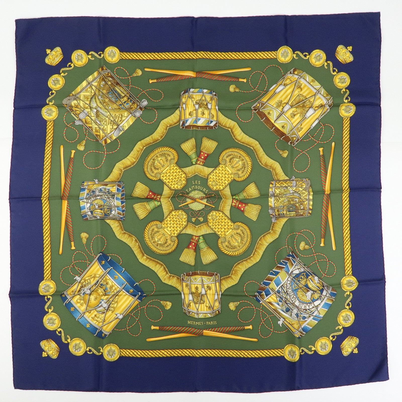 HERMES Carre 90 Silk 100% Scarf LES TAMBOURS Khaki Navy Gold