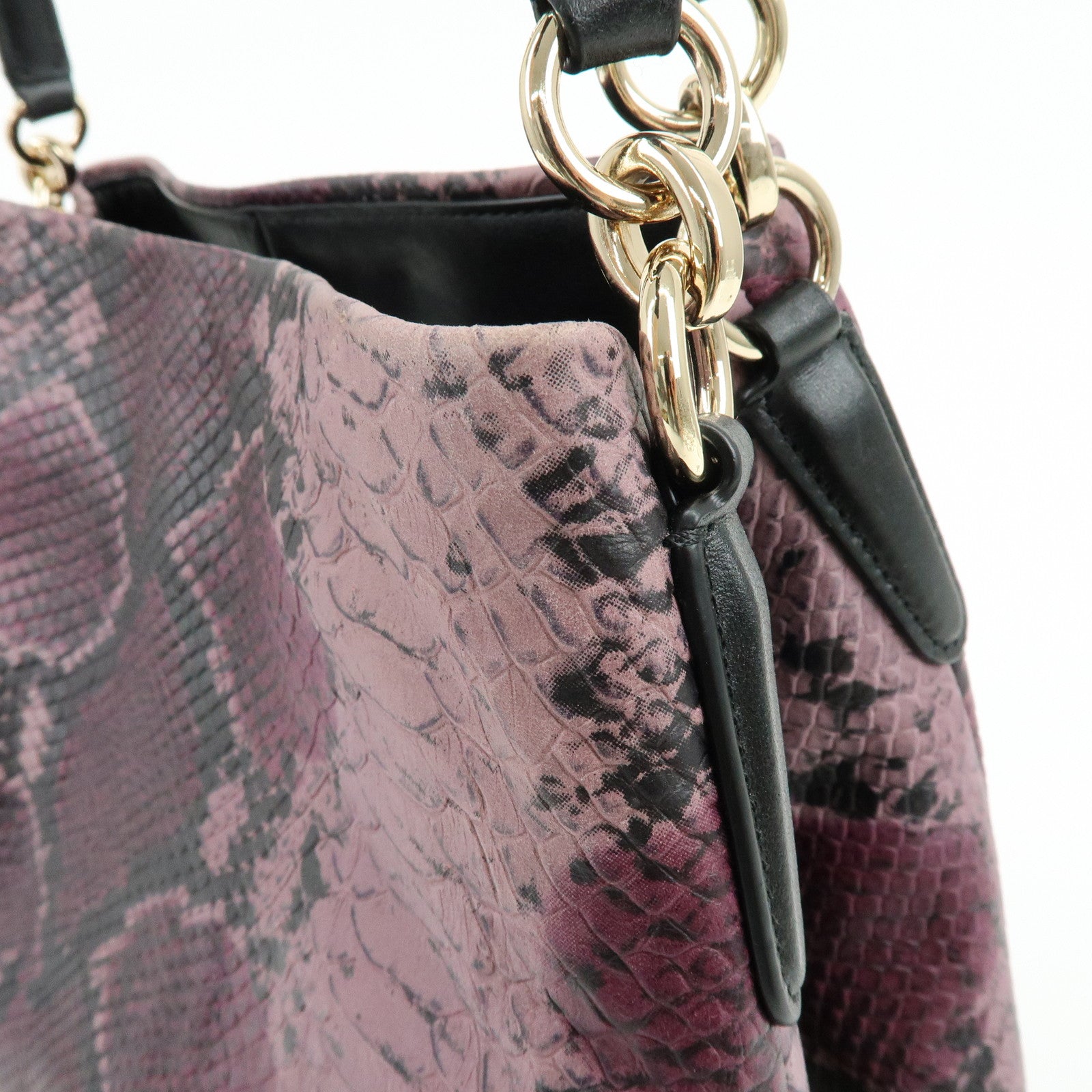 COACH Embossed Leather Python Print Shoulder Bag Purple Black
