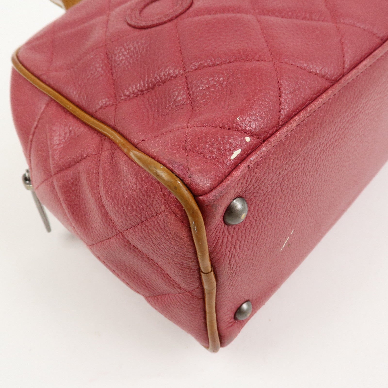 CHANEL Matelasse Leather Patent Leather Mini Boston Bag Pink Brown