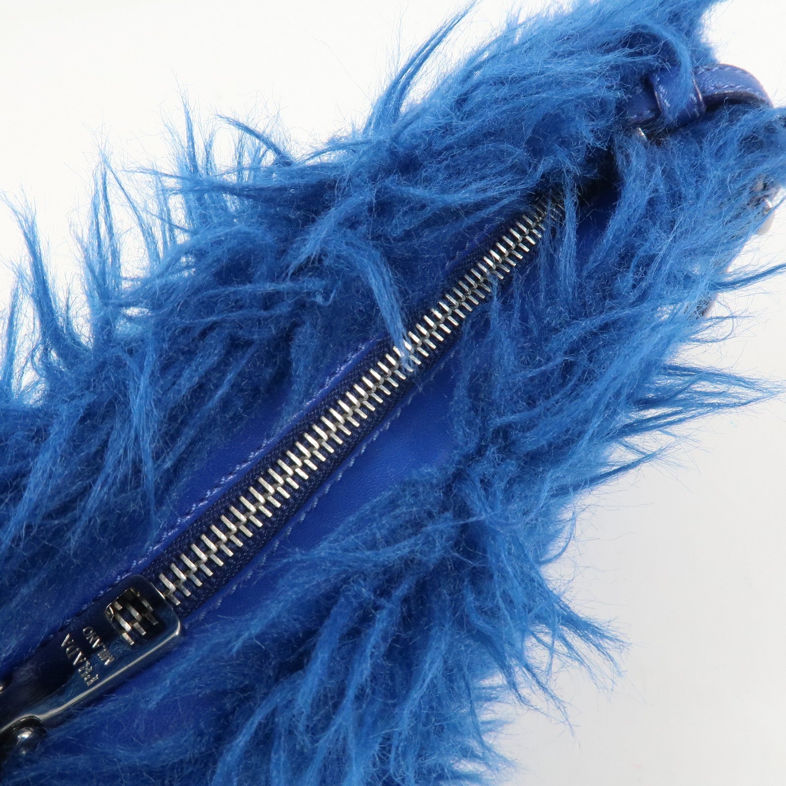 PRADA Triangle Logo Faux Fur Clutch Bag Flat Pouch Blue 1N1530