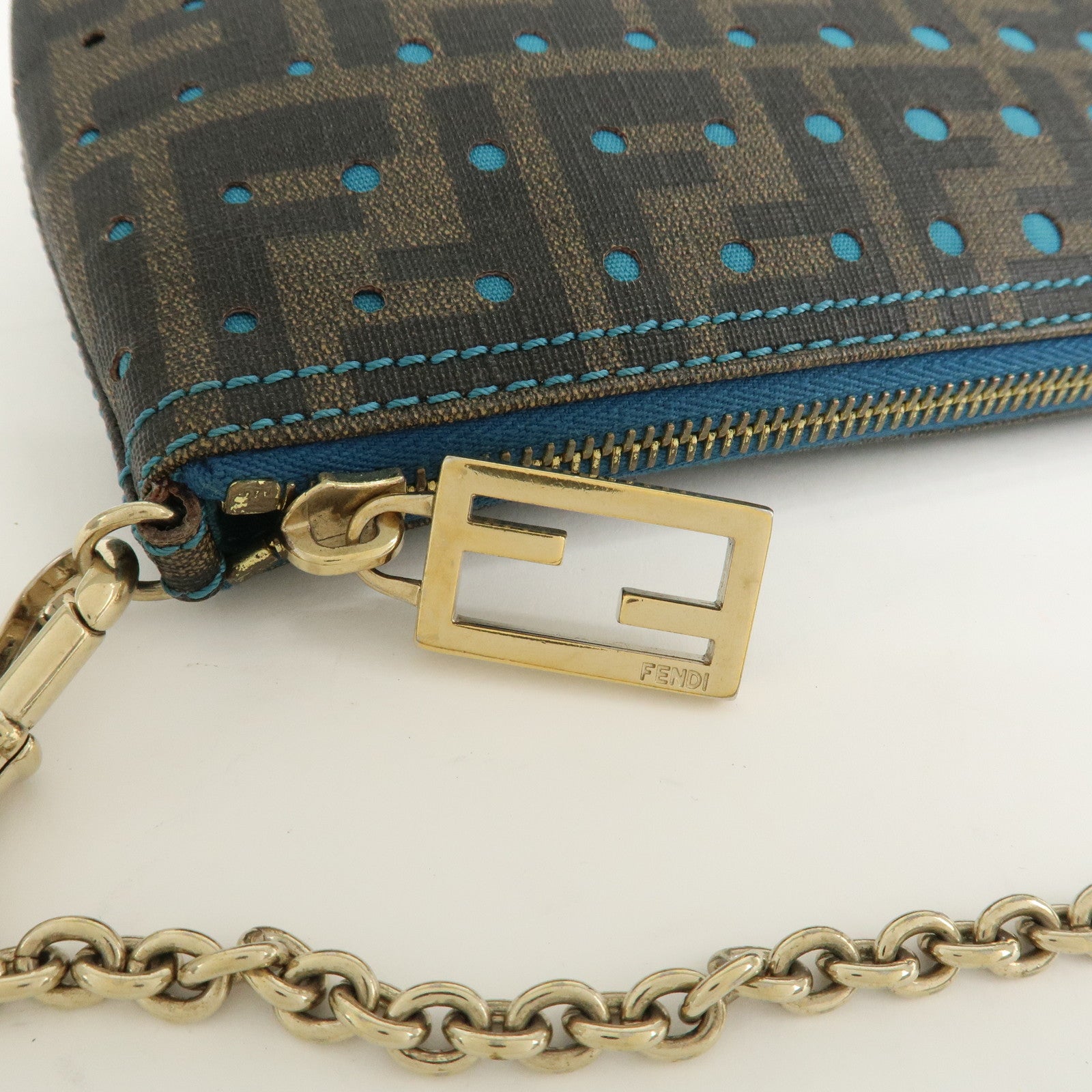 FENDI Zucca PVC Canvas Chain Accessory Pouch Brown Blue 8BR592