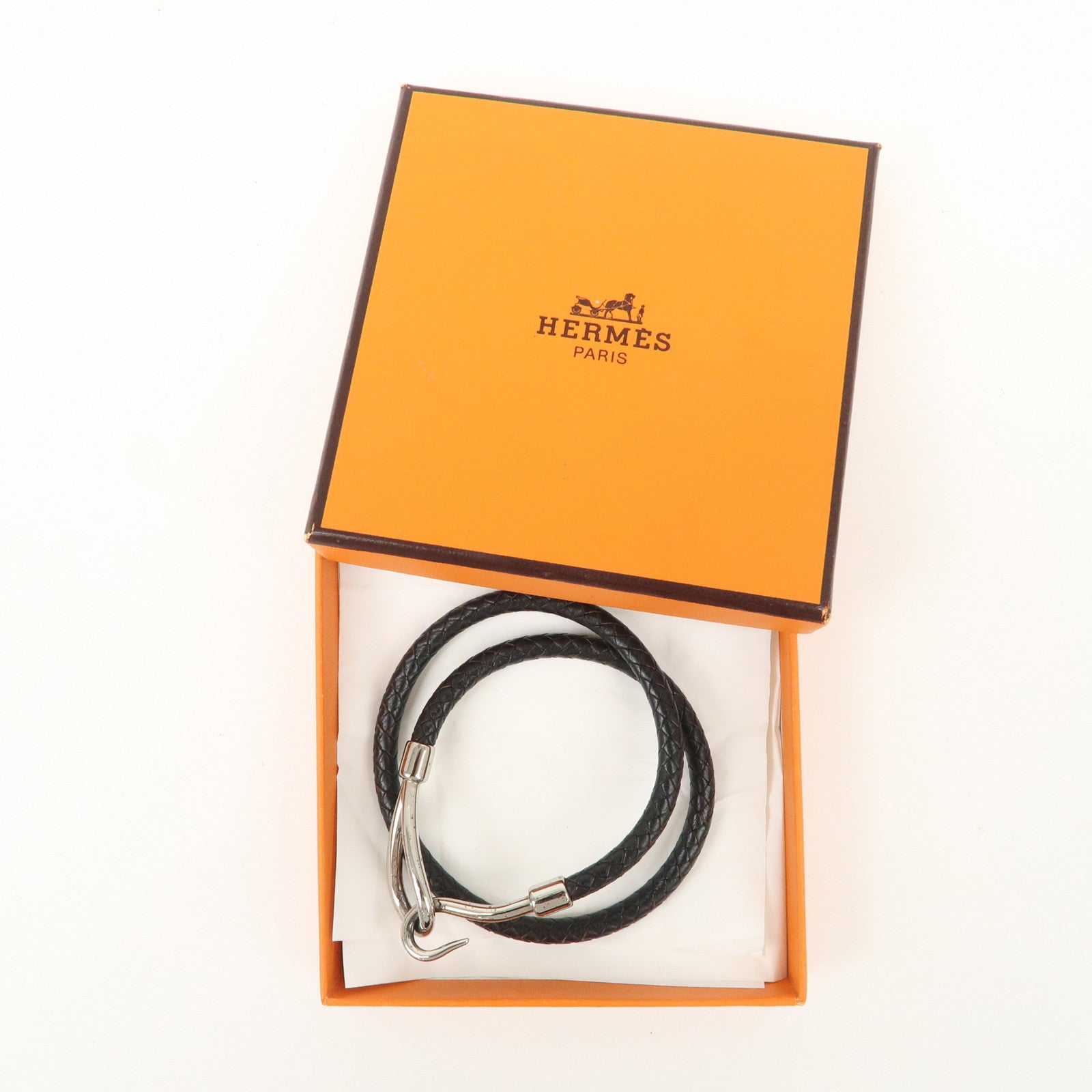 HERMES Leather Jumbo Choker Bracelet Black Silver HDW