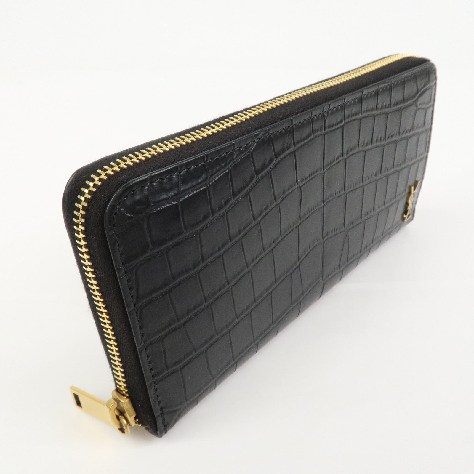 SAINT LAURENT Logo Emboss Leather Zippy Long Wallet Black