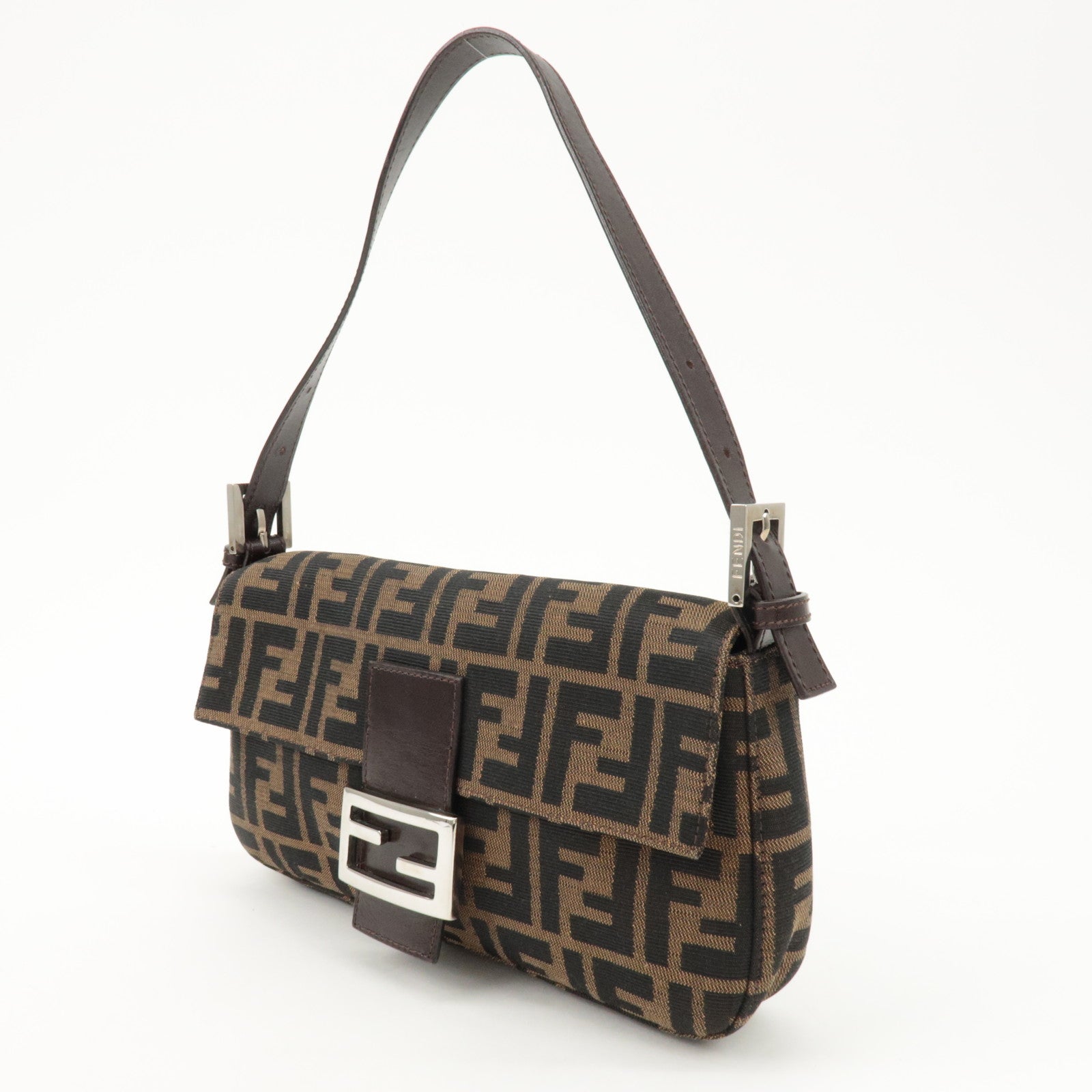 FENDI Mamma Baguette Zucca Canvas Shoulder Bag Black Brown 26421 Used