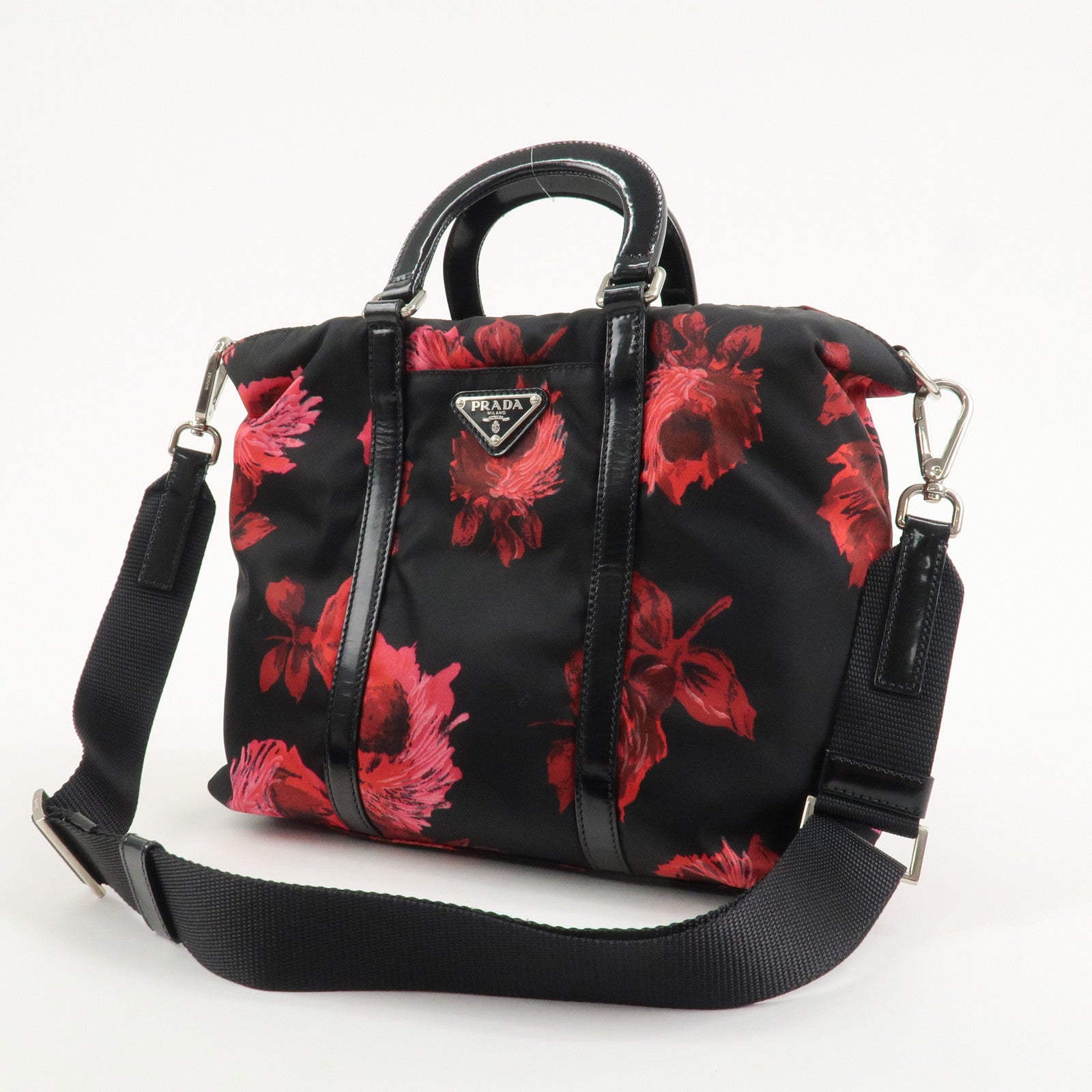 PRADA Triangle Logo Nylon Patent Leather 2Way Bag Flower BN1066 Used