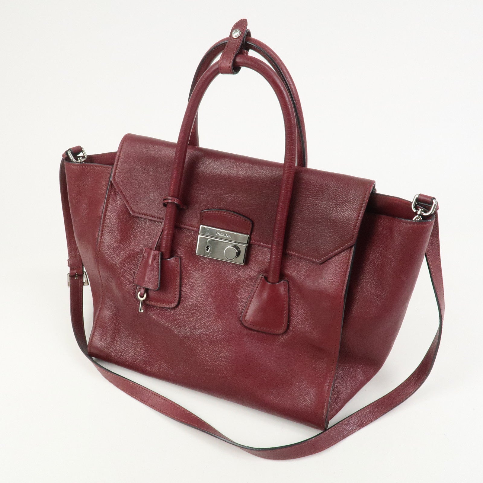 PRADA Leather 2Way Bag Flap Tote Bag Hand Bag Bordeaux