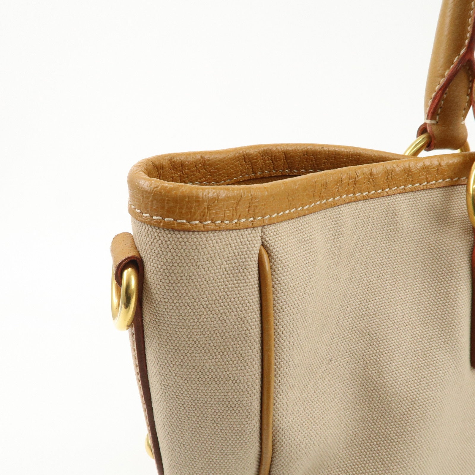 PRADA Triangle Logo Leather Canvas 2 Way Tote Bag Beige Brown