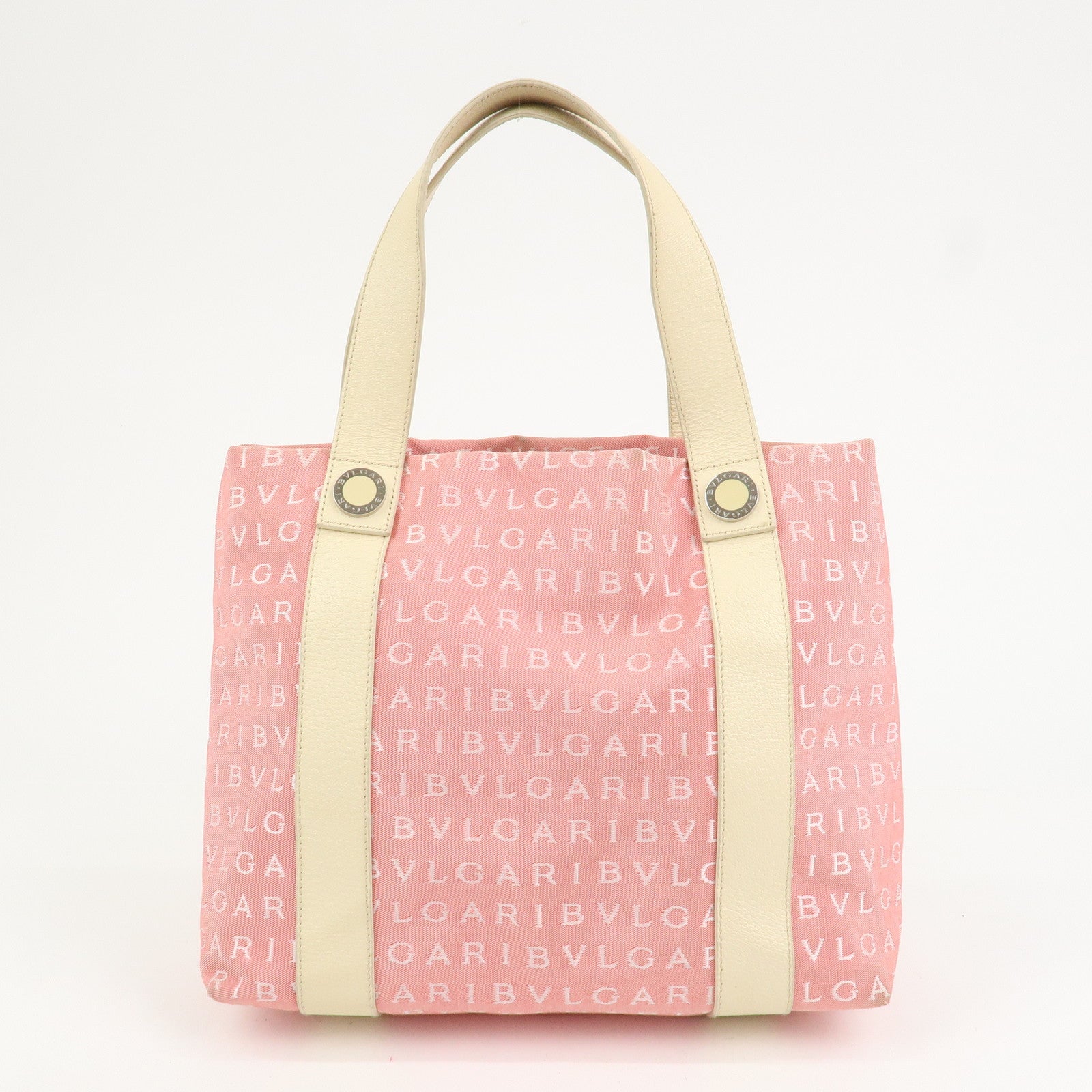 BVLGARI Logo Mania Canvas Leather Hand Bag Tote Bag Pink Ivory