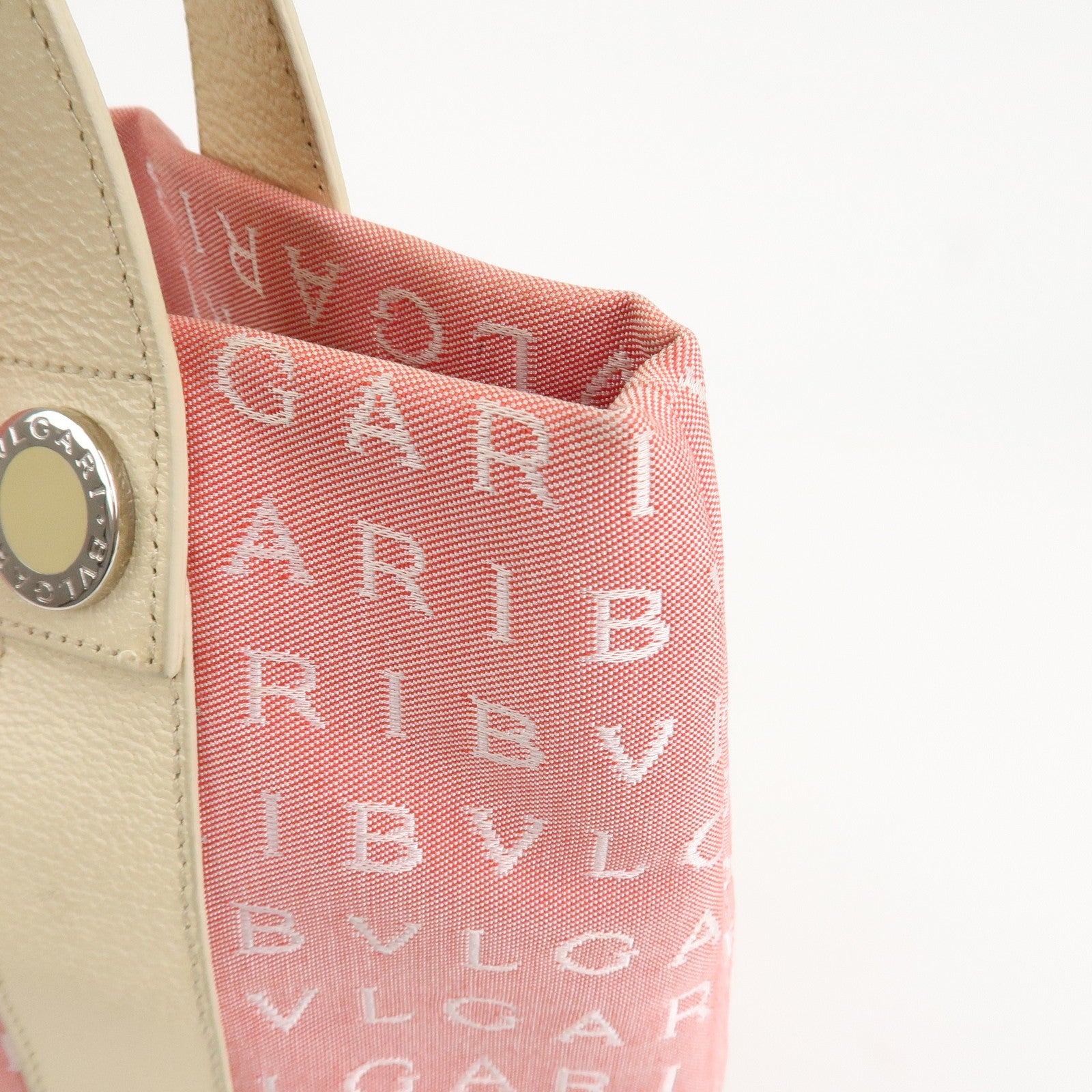 BVLGARI Logo Mania Canvas Leather Hand Bag Tote Bag Pink Ivory