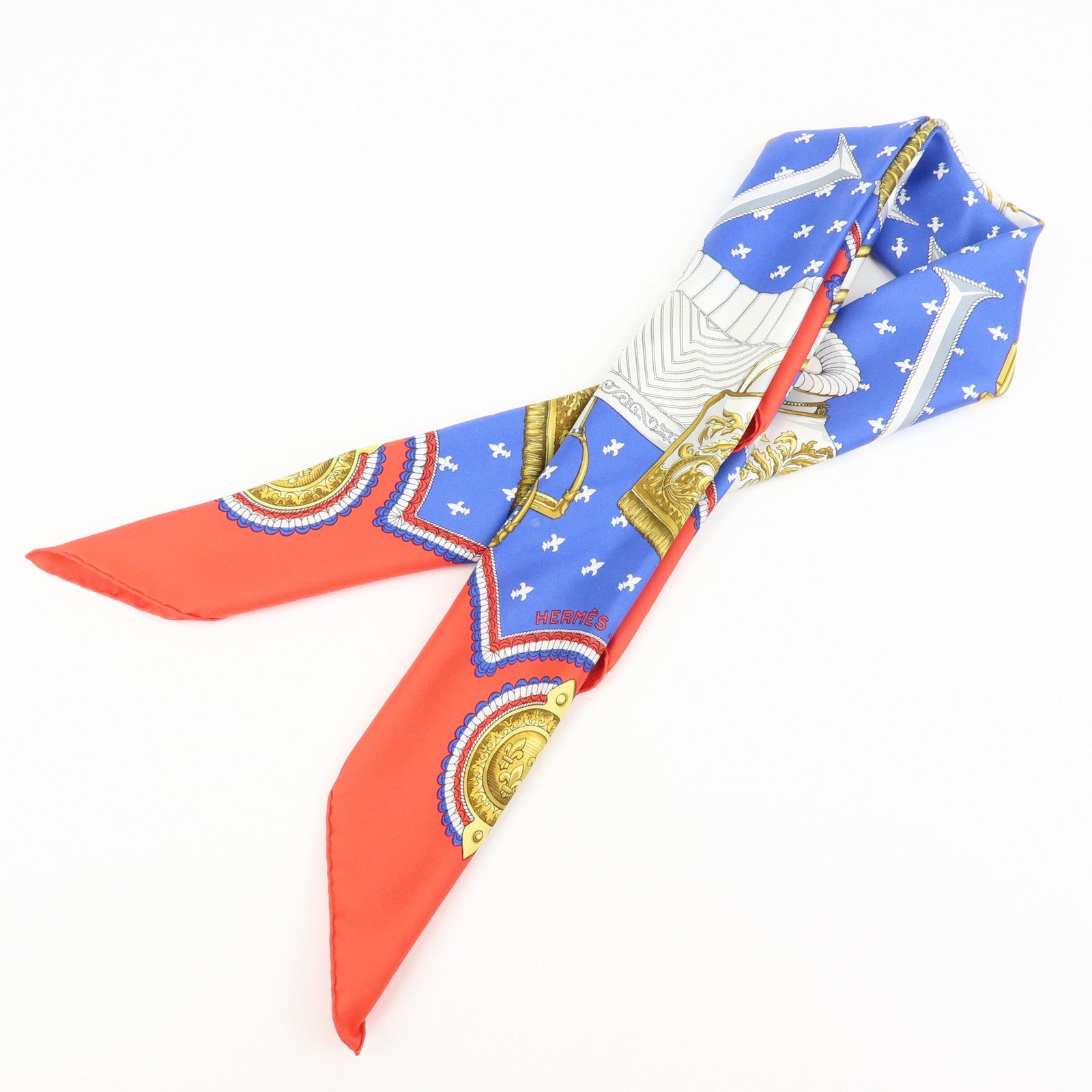 HERMES Carre 90 Silk 100% Scarf SELLES A HOUSSE Blue White Gold Red
