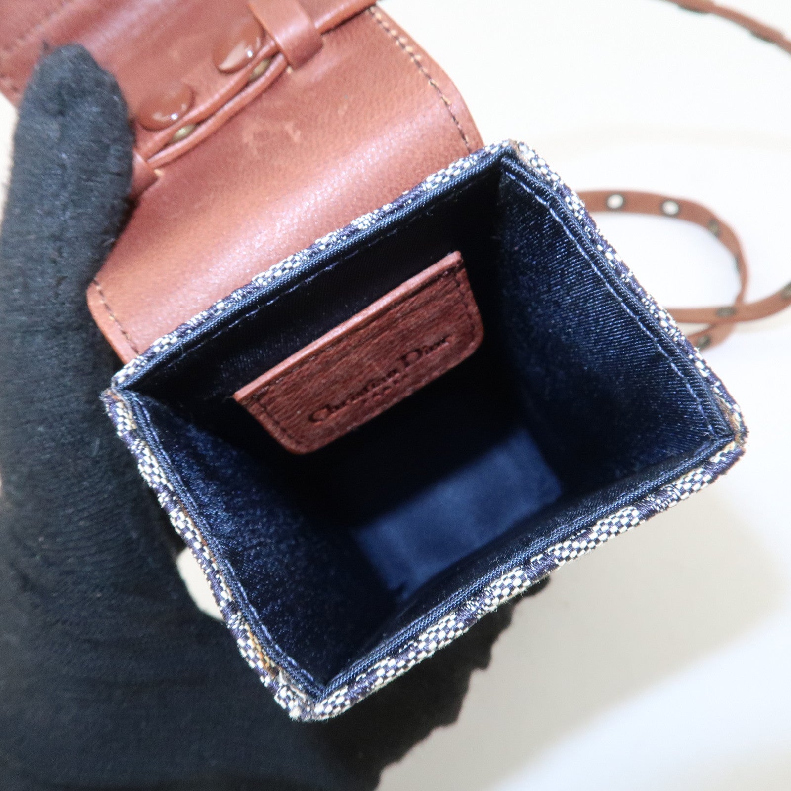 Christian Dior Trotter Canvas Leather Shoulder Bag Navy Brown Used