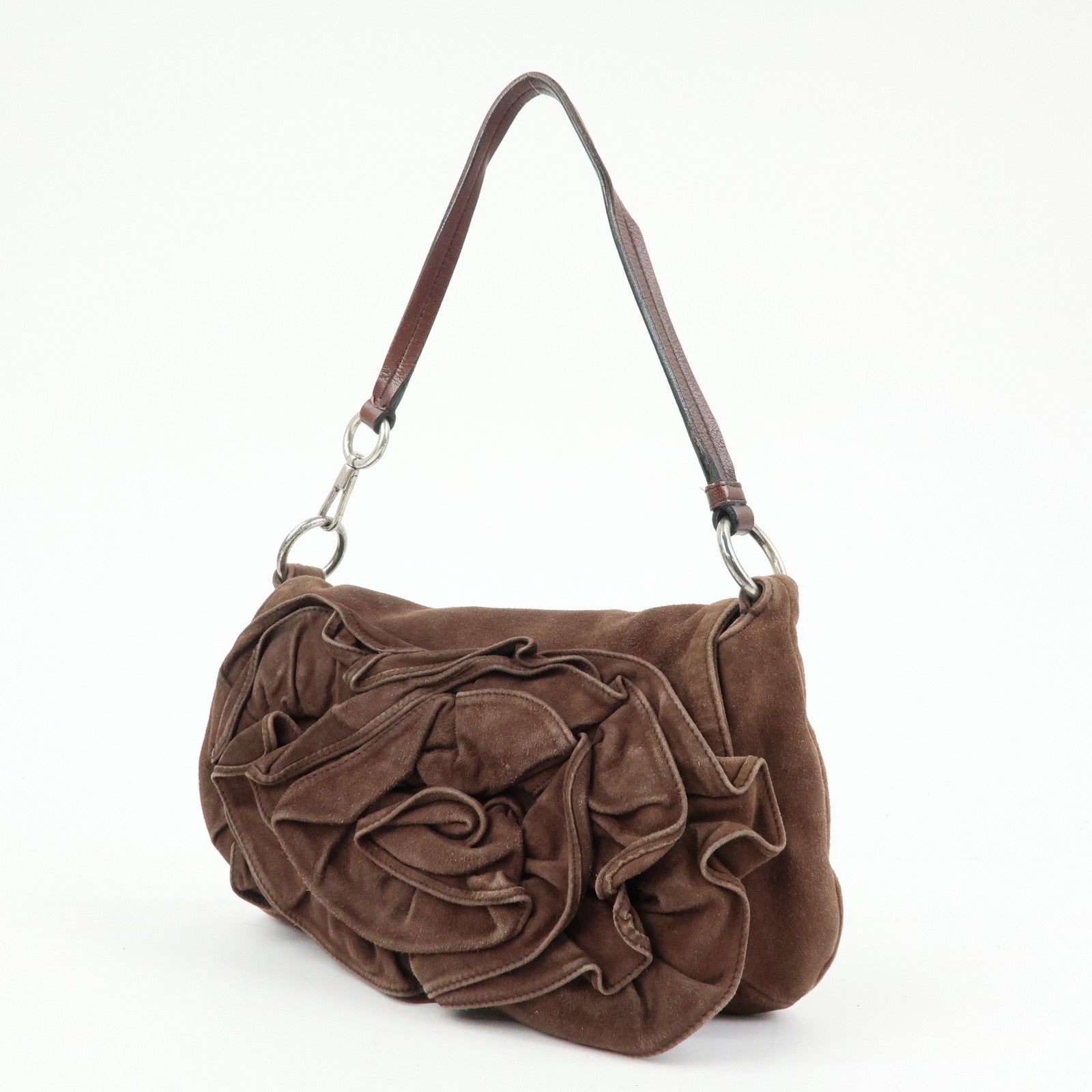 SAINT LAURENT PARIS YSL Naja Flower Suede Shoulder Bag Brown