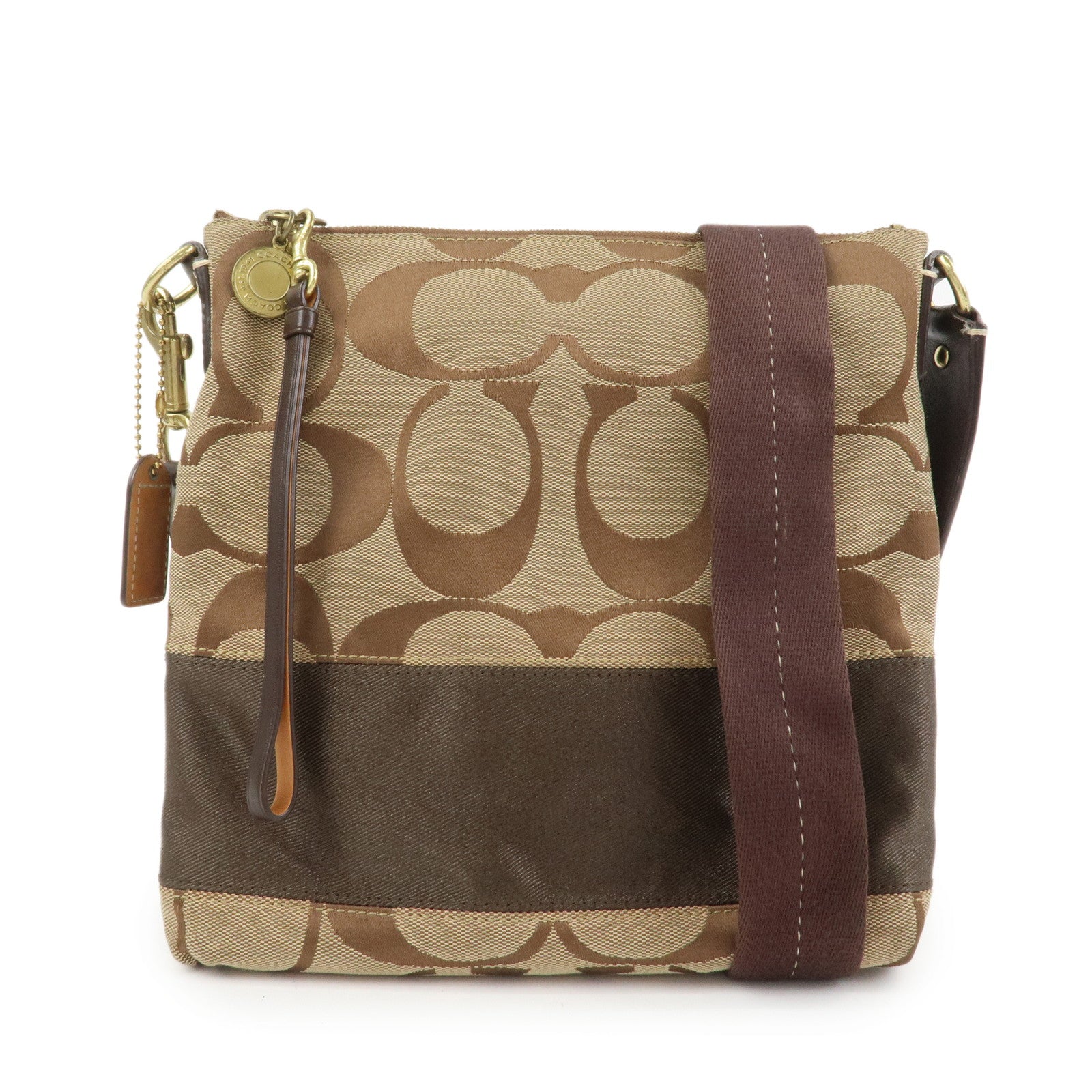 COACH Signature Canvas Leather Shoulder Crossbody Bag Beige Brown