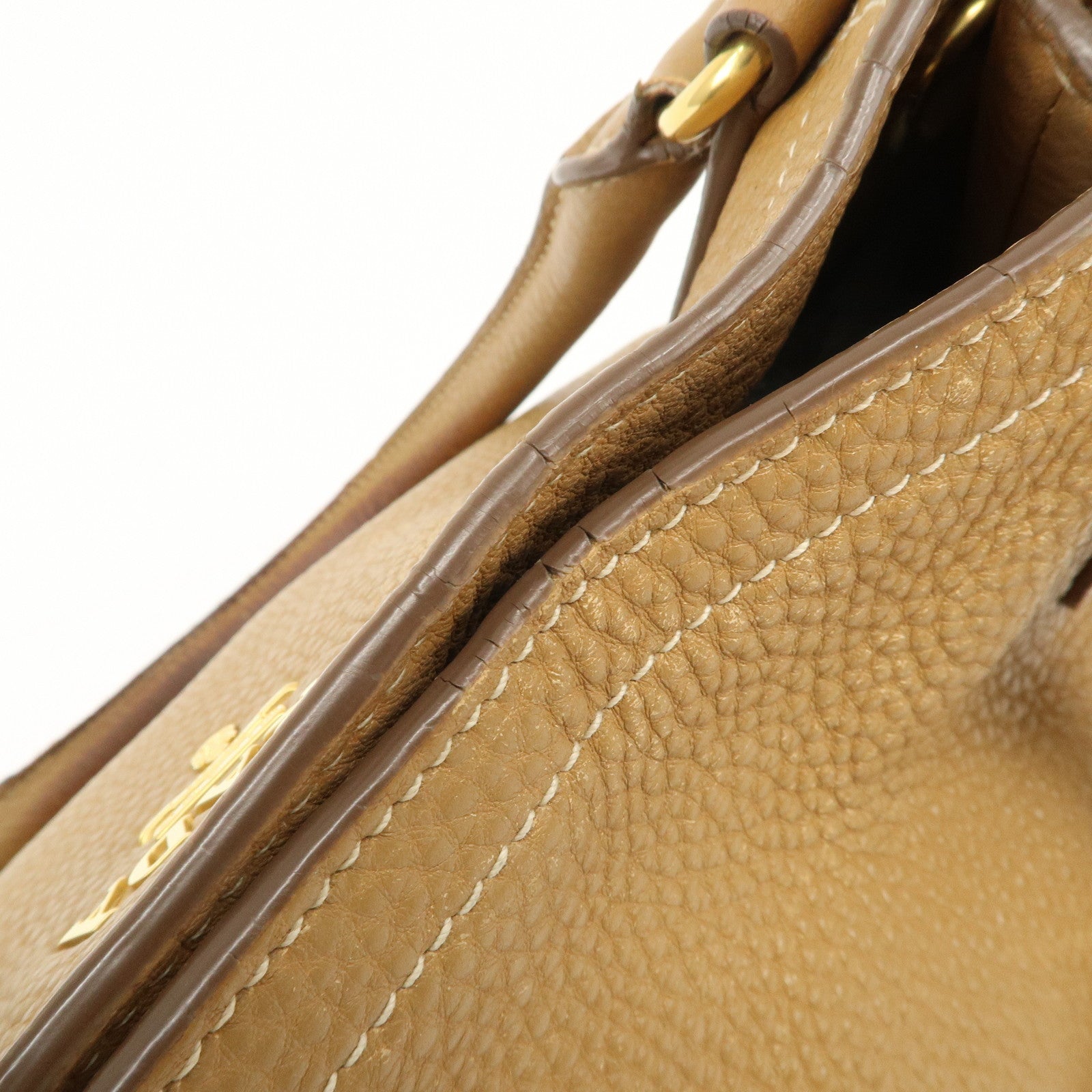 PRADA Leather Tote Bag Hand Bag Shoulder Bag Beige Gold HDW Used