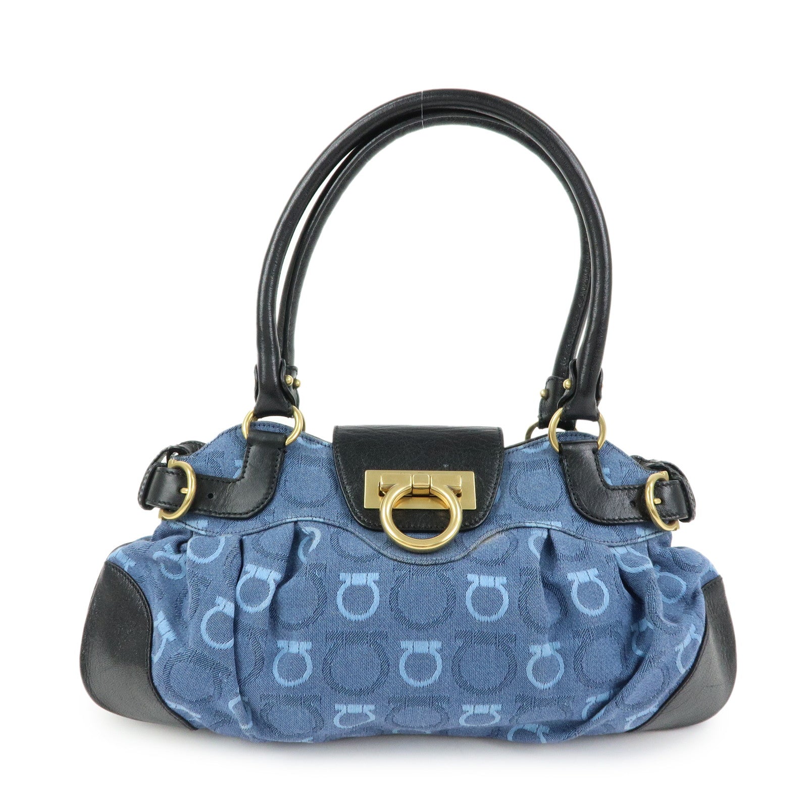 Ferragamo Gancini Canvas Leather Hand Bag Shoulder Bag Blue Black