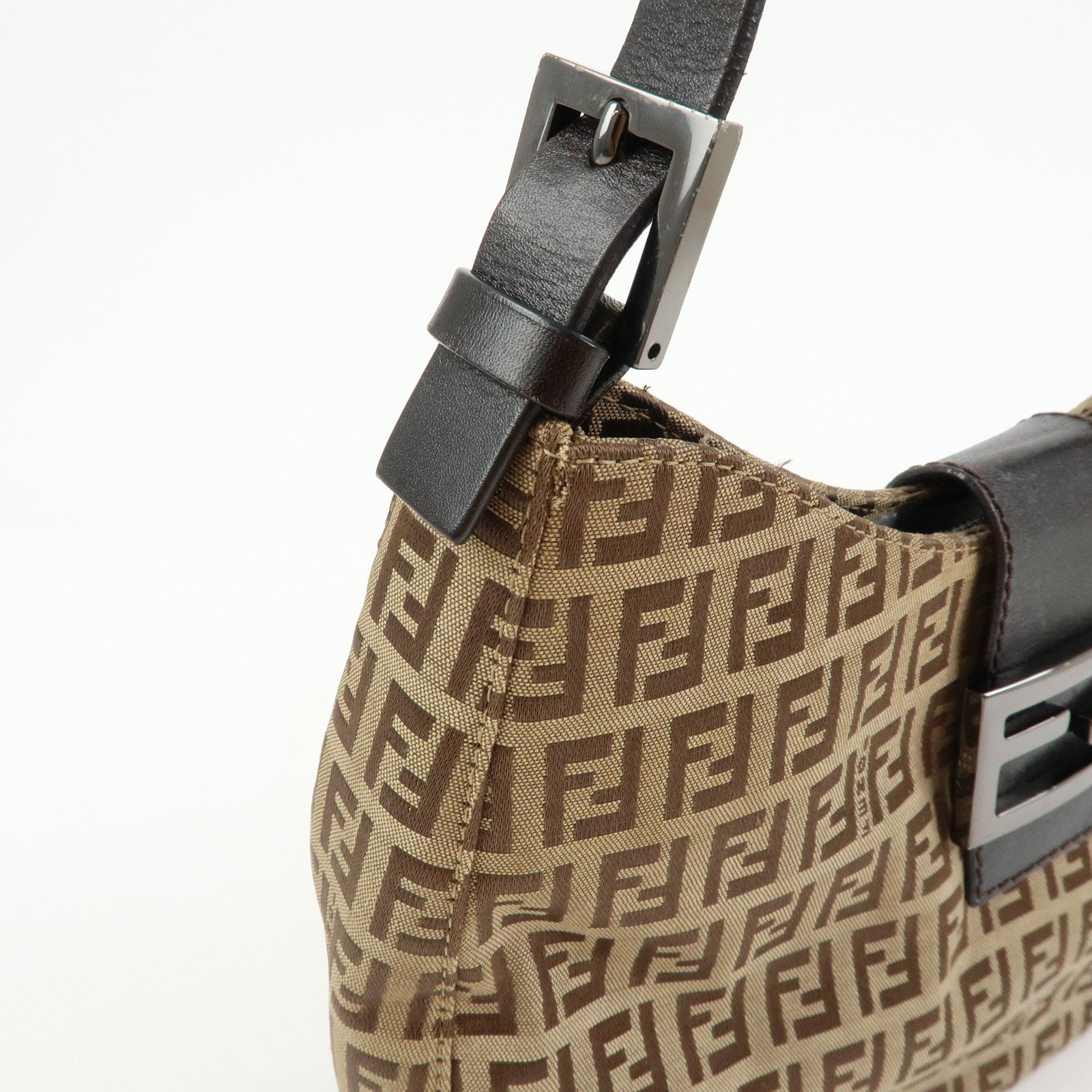 FENDI Zucchino Canvas Leather Shoulder Bag Brown 8BR036
