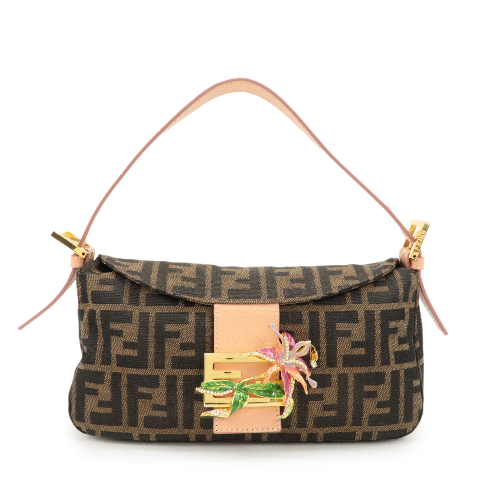 FENDI Zucca Canvas Leather Shoulder Bag Brown Pink Beige 26725 Used