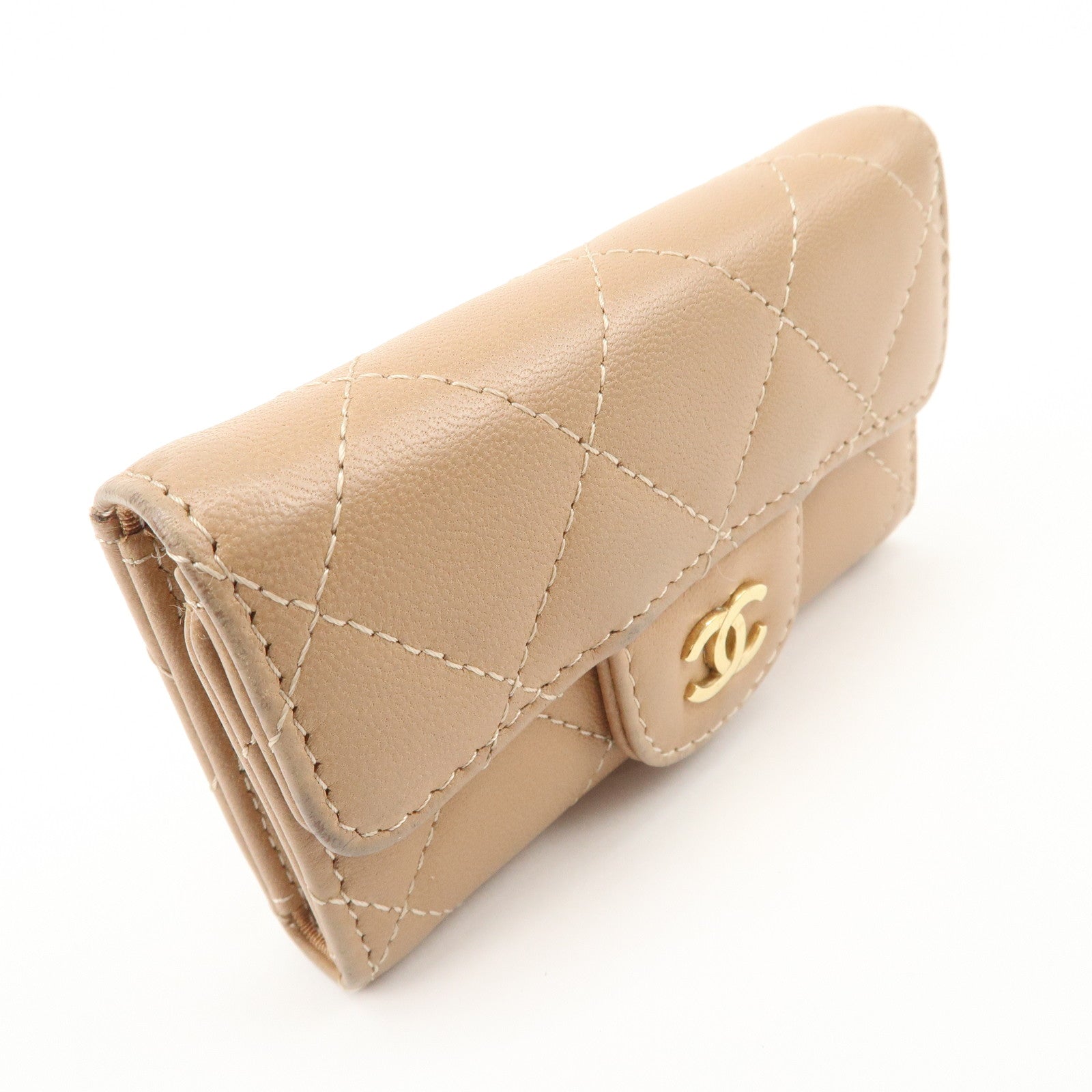 CHANEL Matelasse Lamb Skin COCO Mark 6 Ring Key Case Beige A84400