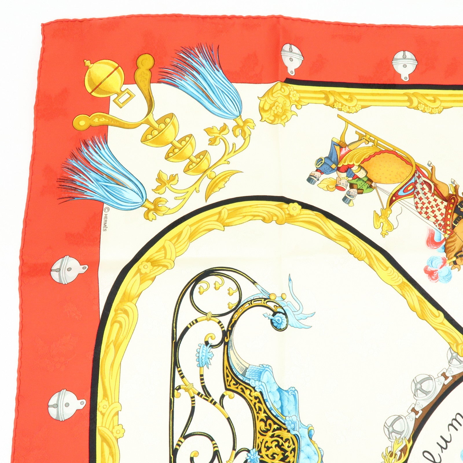 HERMES Carre 90 100% Silk Plumes et Grelots Scarf White Red