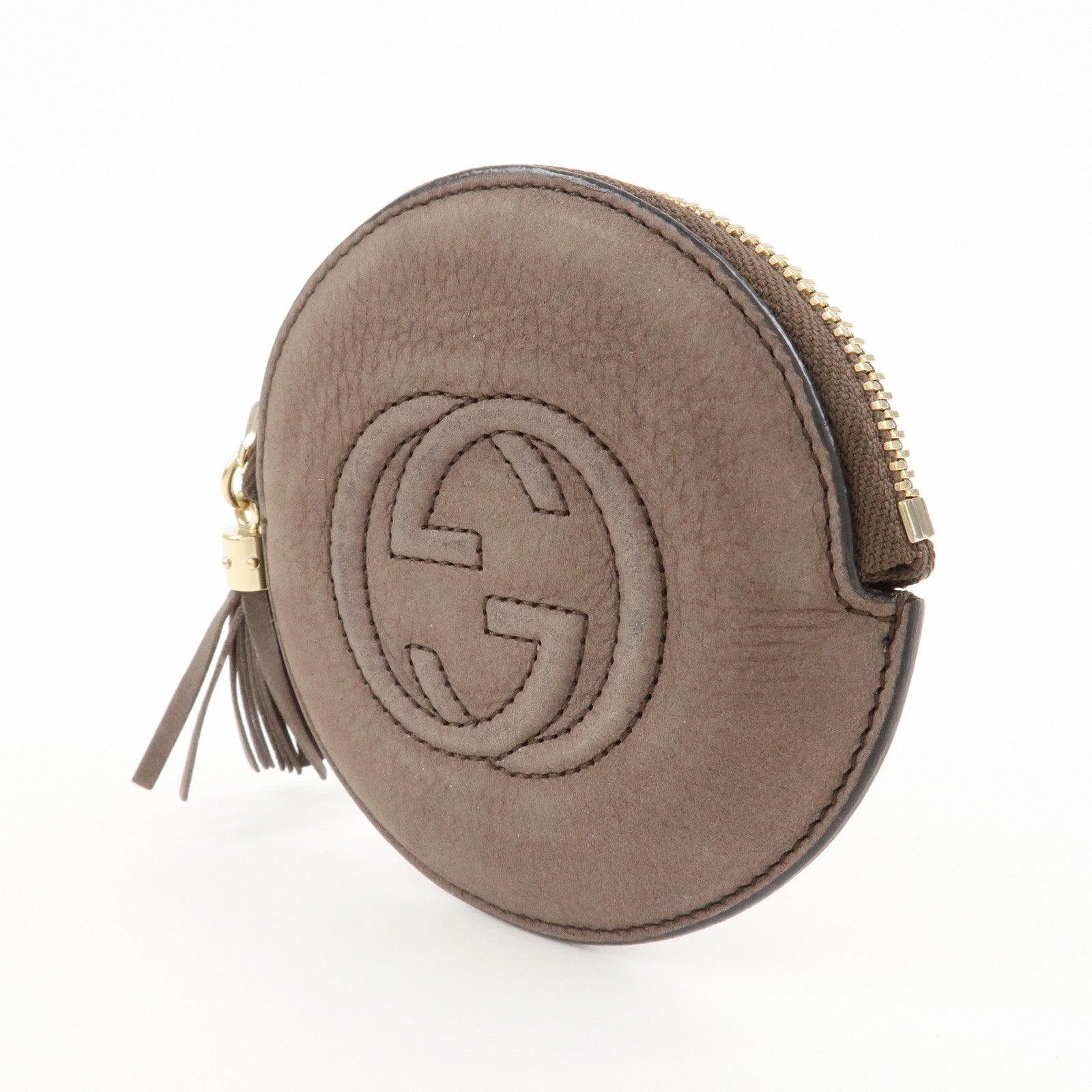 GUCCI Interlocking G Leather Coin Case Tassel Charm Beige 337946 Used