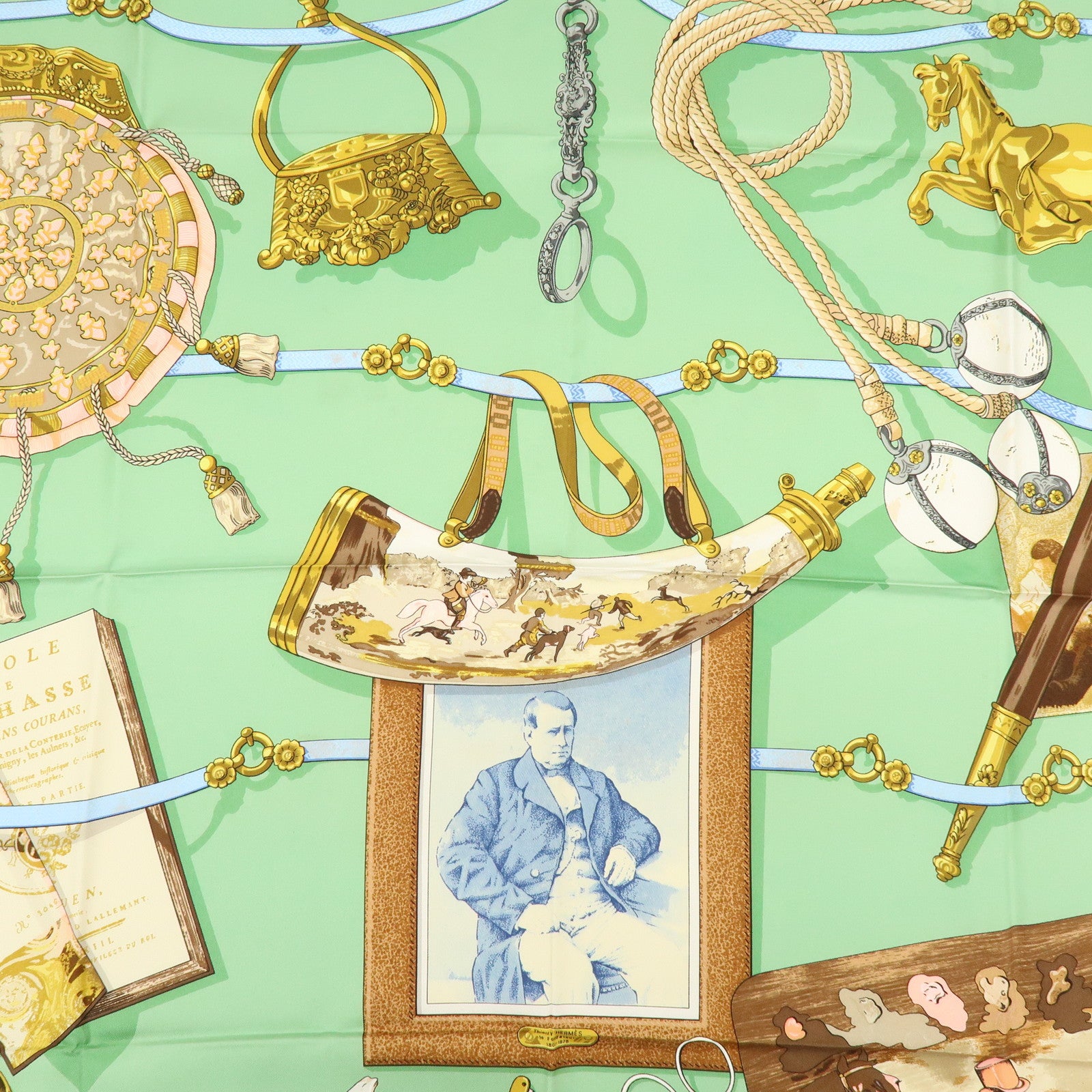 HERMES Carre 90 Silk 100% Memoire d'Hermes Scarf Green Brown Gold