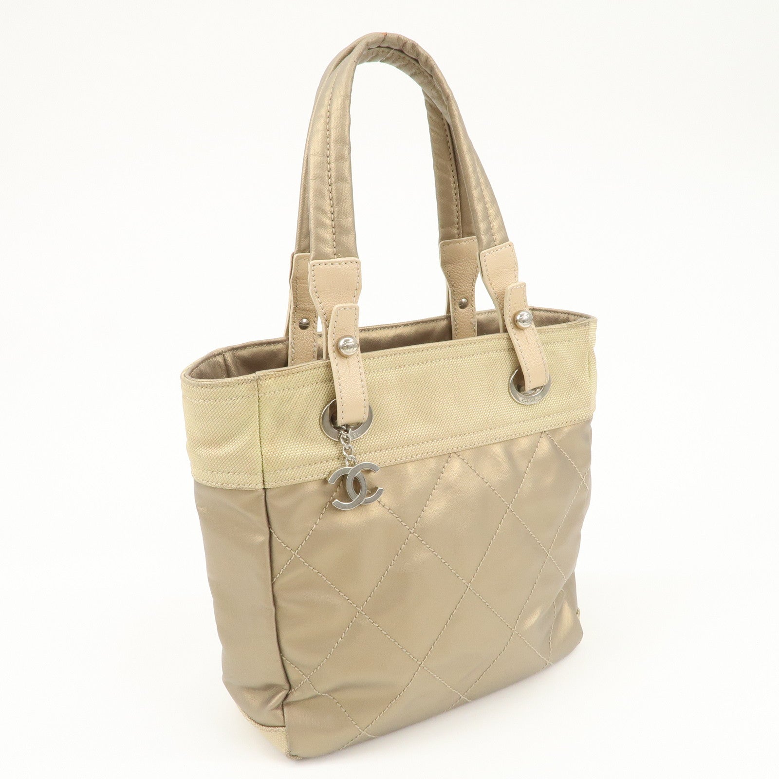 CHANEL Paris Biarritz PVC Canvas Leather Tote Bag PM A34208 Used