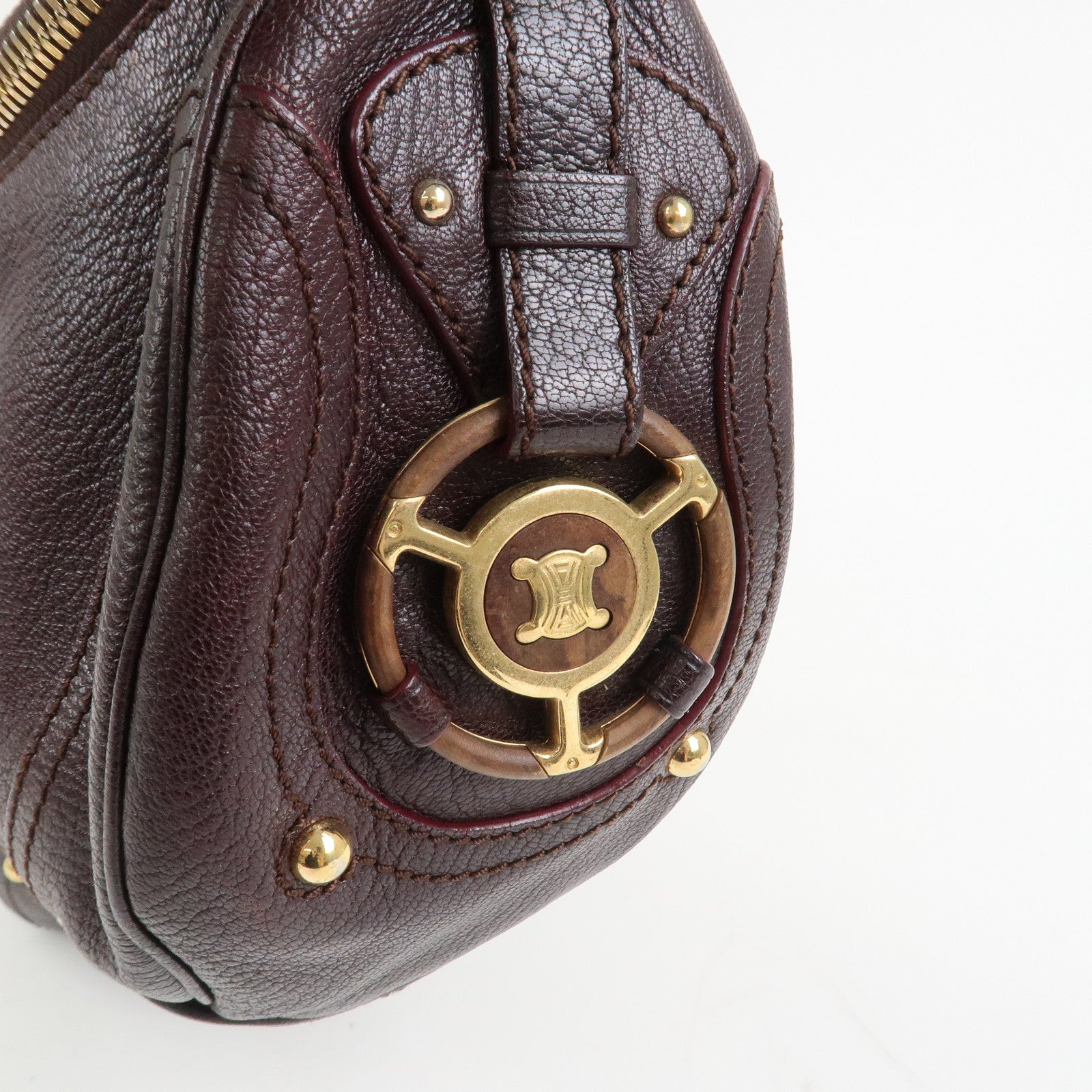 CELINE Macadam Leather Wood Shoulder Bag Hand Bag Brown