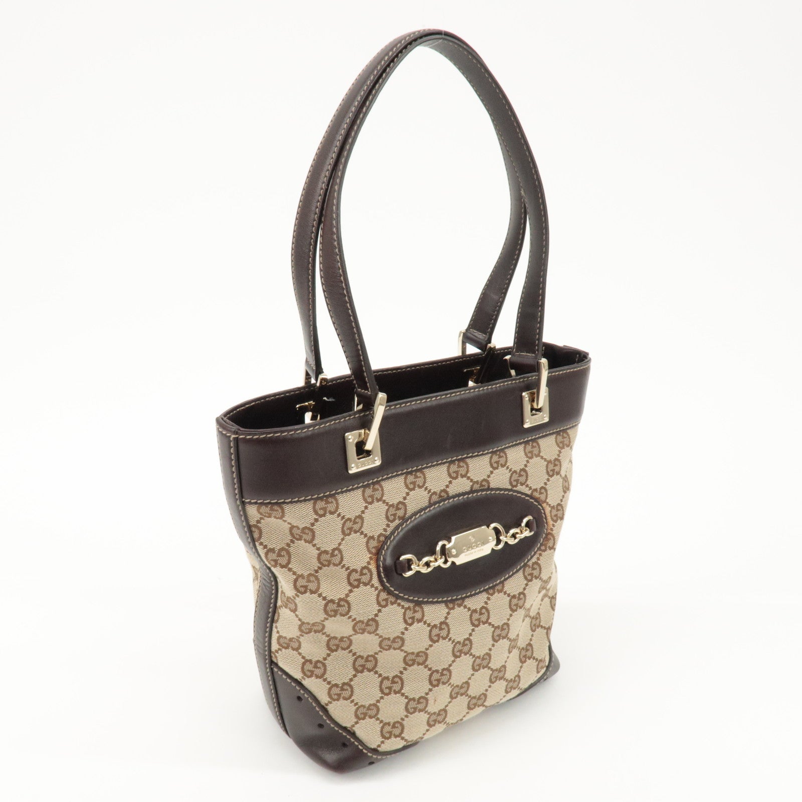 GUCCI GG Canvas Leather Tote Bag Hand Bag Beige Dark Brown 145994 Used