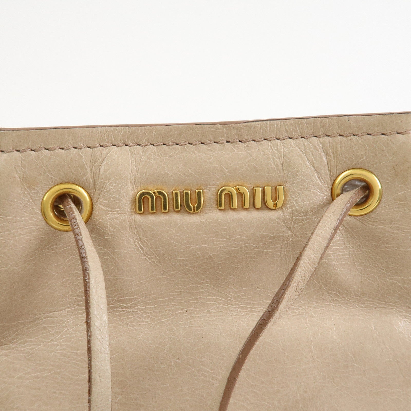 MIU MIU Logo Leather Drawstring Shoulder Bag Crossbody Bag Beige