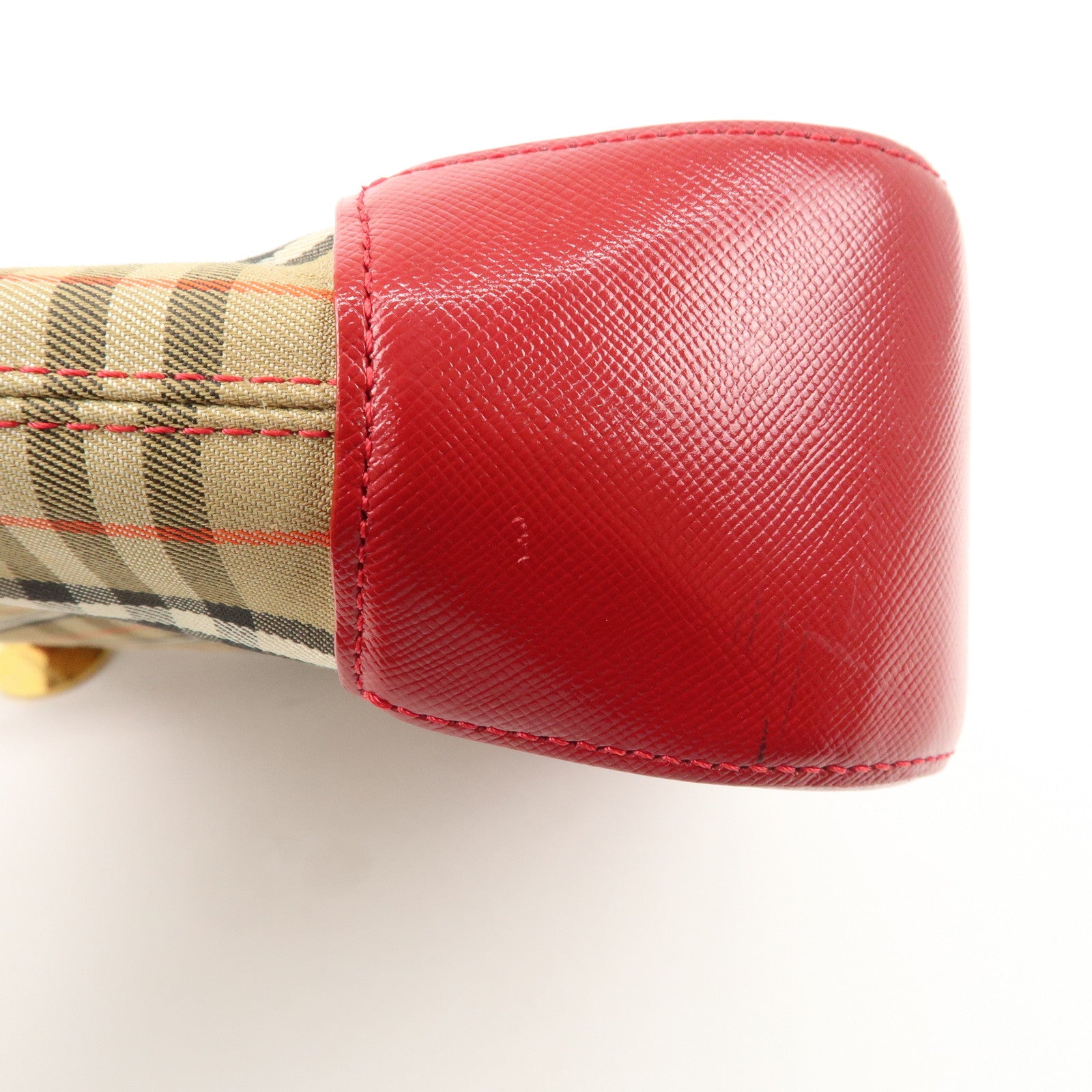 BURBERRY Leather Canvas Tote Bag Hand Bag Nova Plaid Red Beige Used